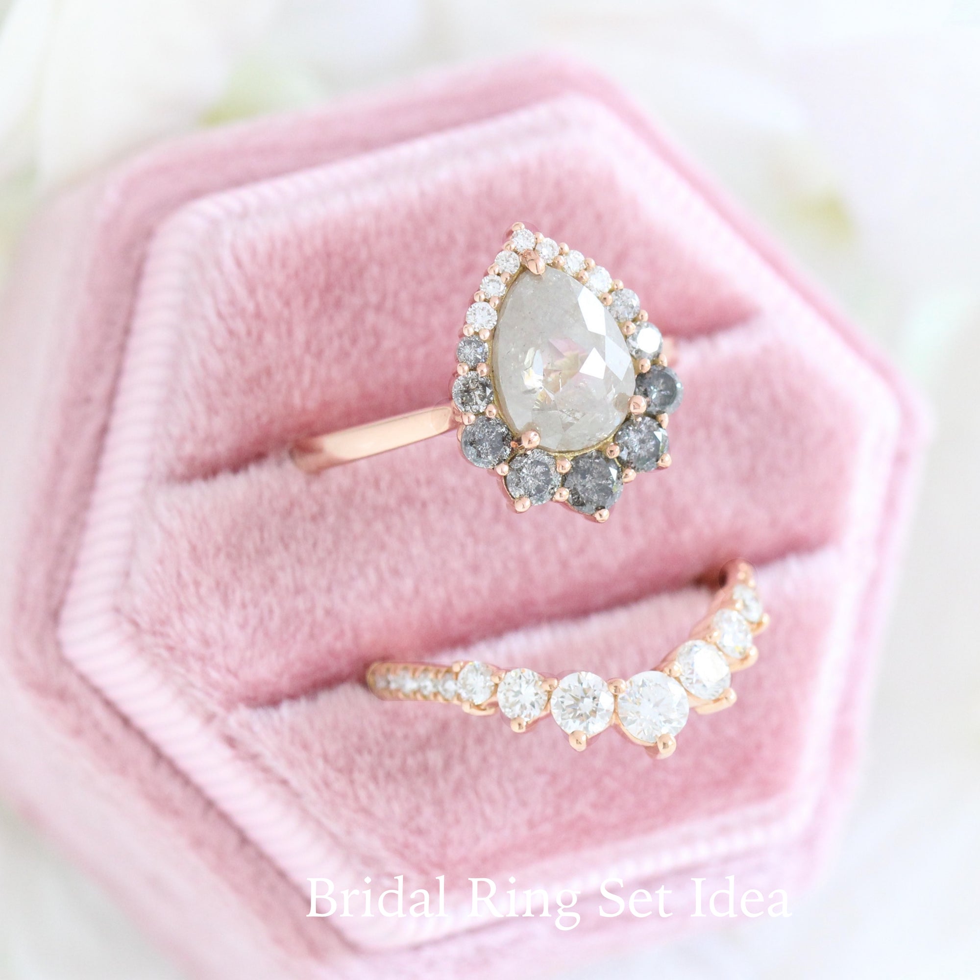 Large salt and pepper diamond engagement ring rose gold halo pear ring la more design jewelry