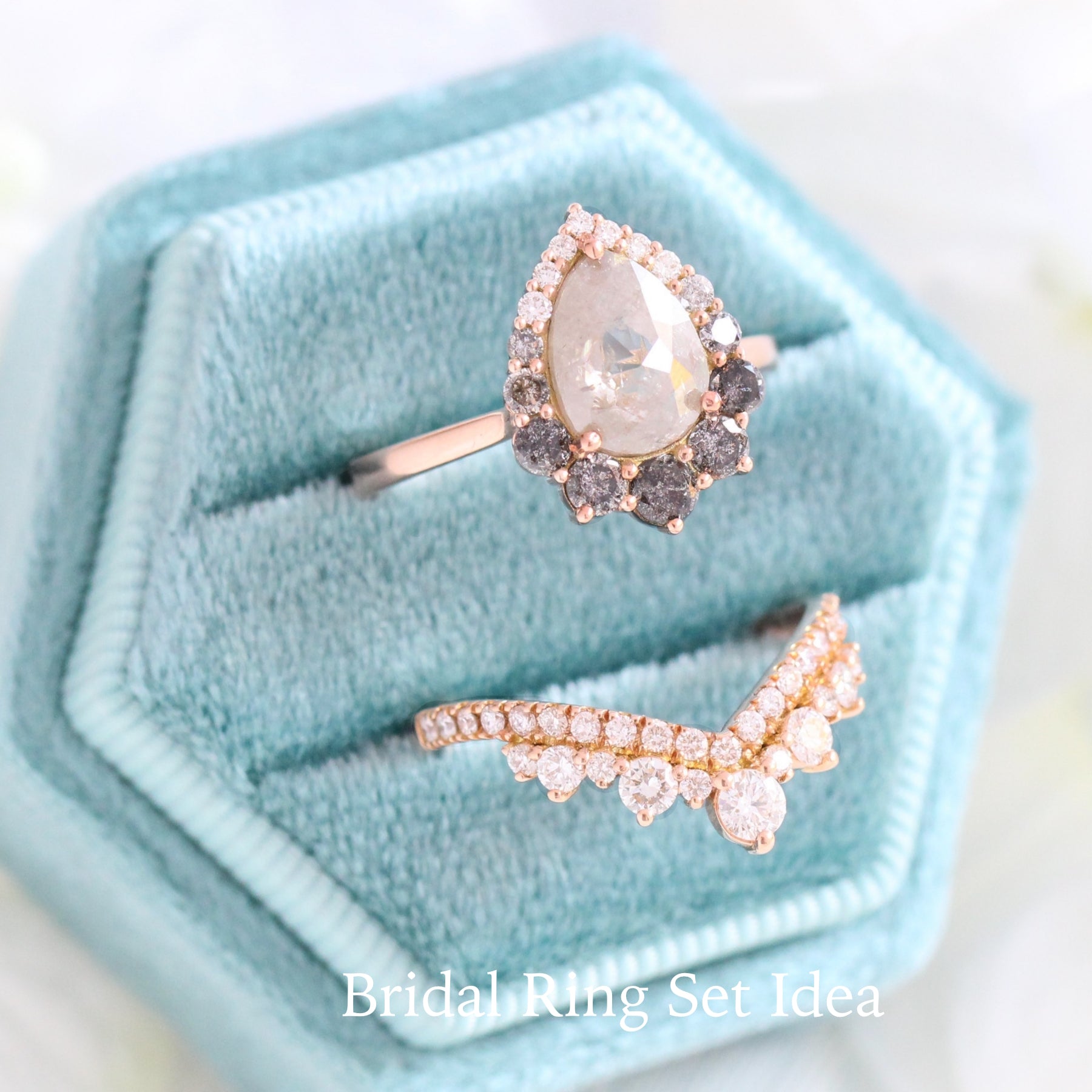 Large salt and pepper diamond engagement ring rose gold halo pear ring la more design jewelry
