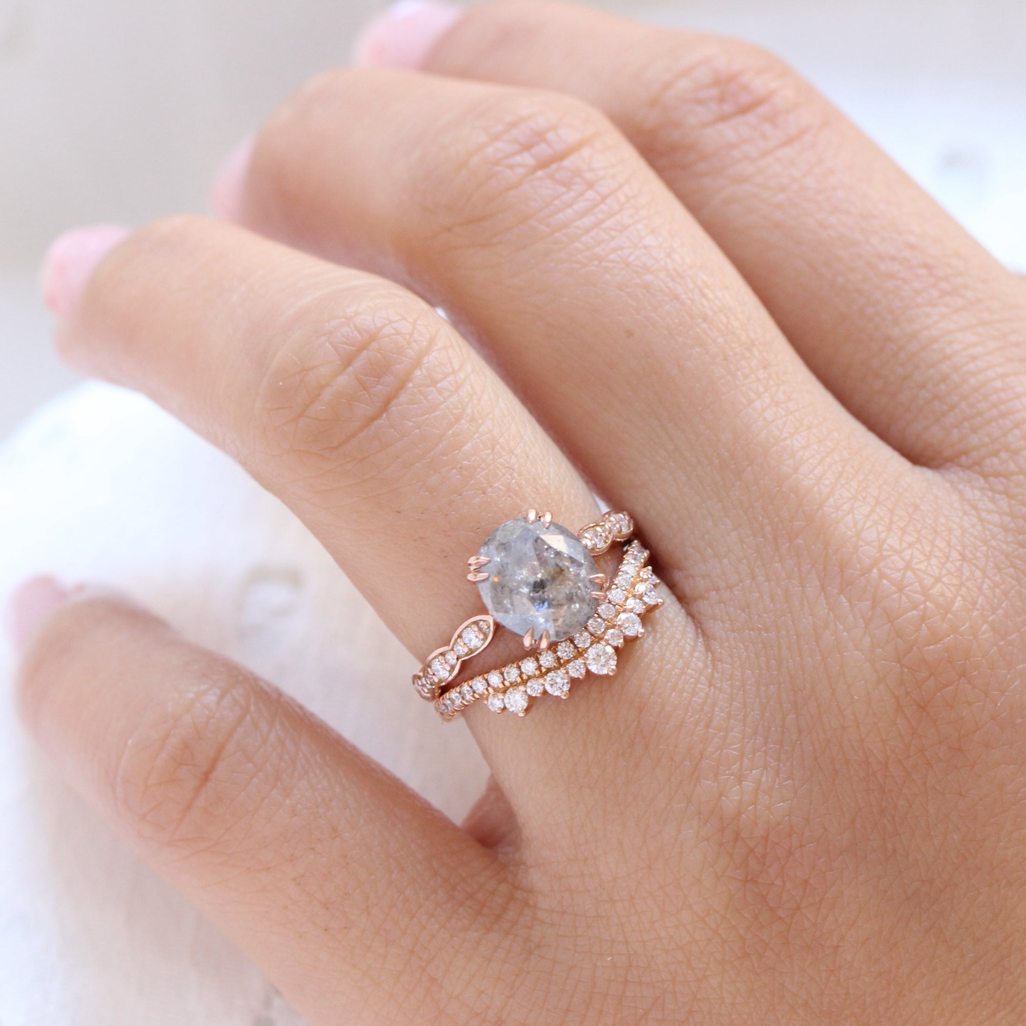 Large salt and pepper diamond ring rose gold oval solitaire ring la more design jewelry