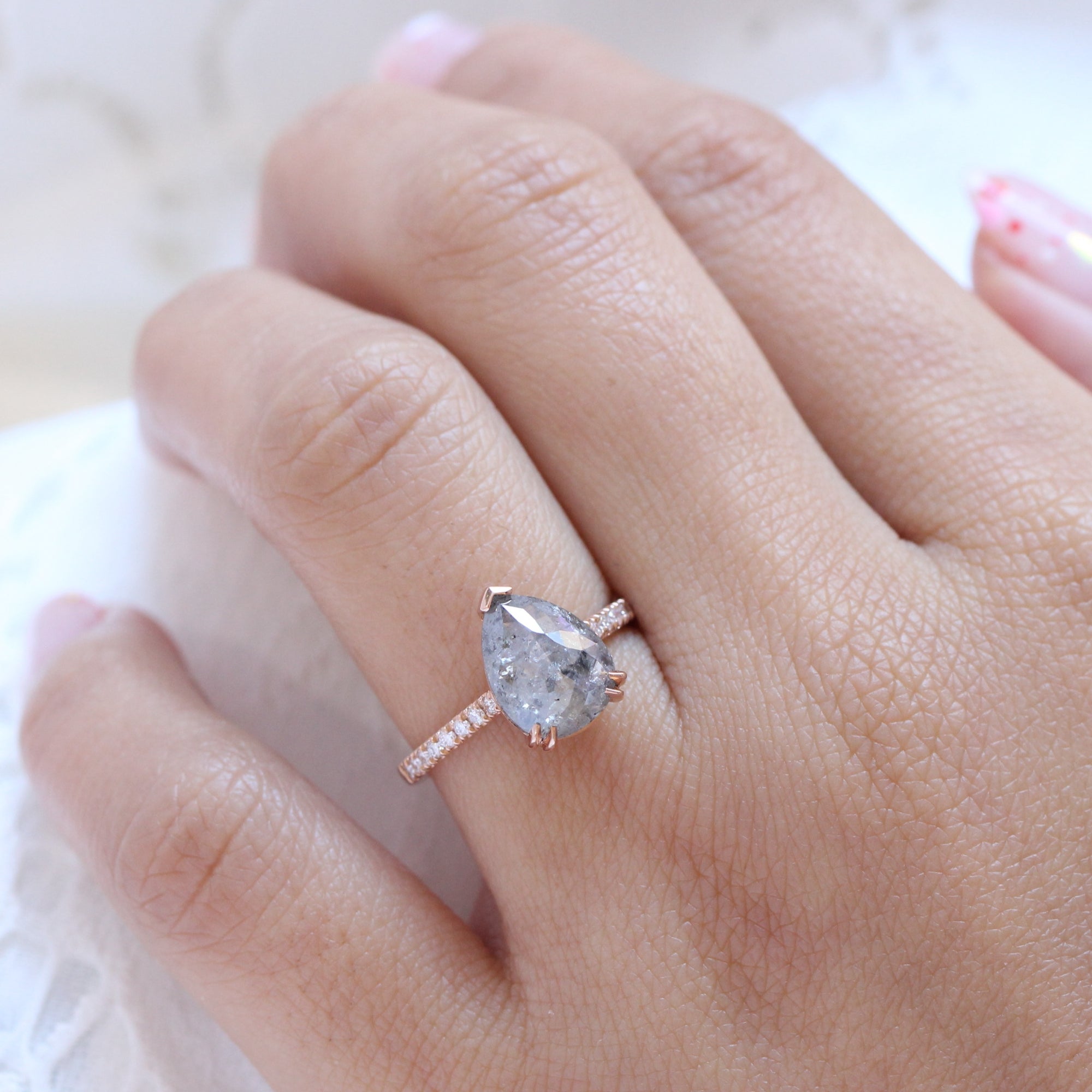 Large salt and pepper diamond ring rose gold pear solitaire ring la more design jewelry