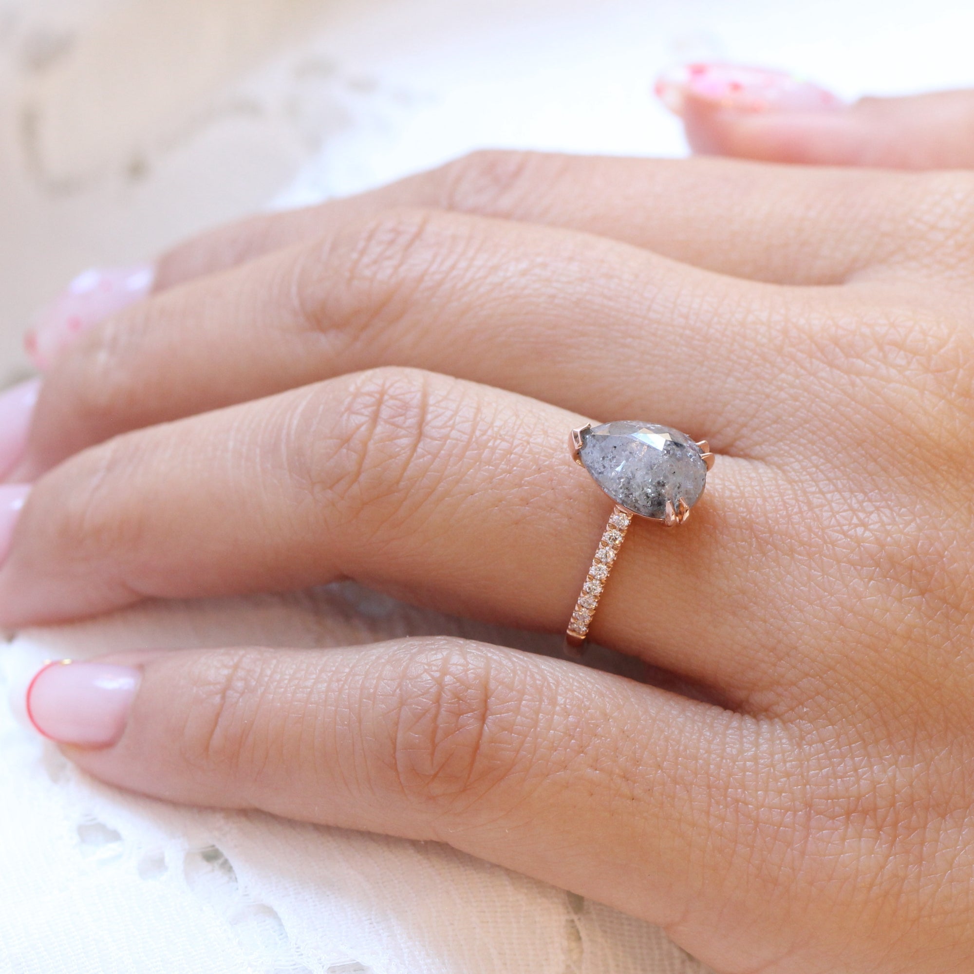 Large salt and pepper diamond ring rose gold pear solitaire ring la more design jewelry