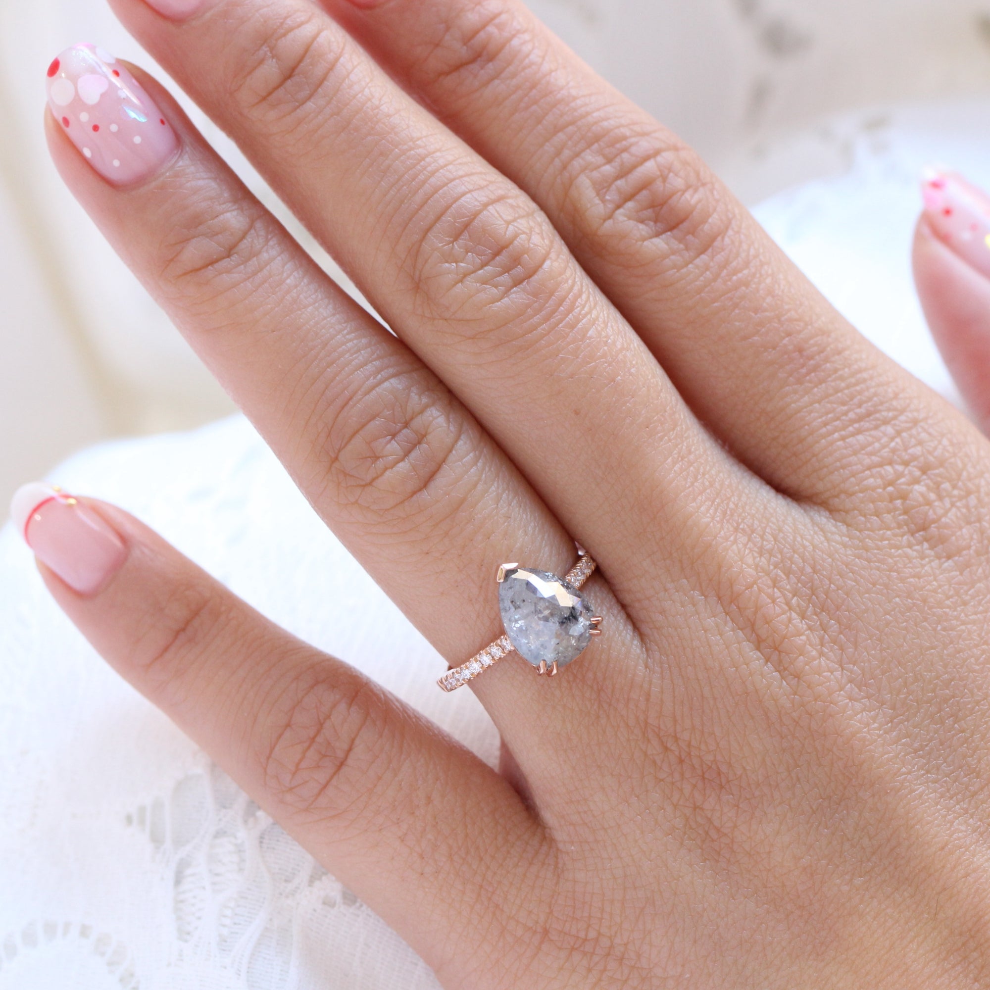 Large salt and pepper diamond ring rose gold pear solitaire ring la more design jewelry