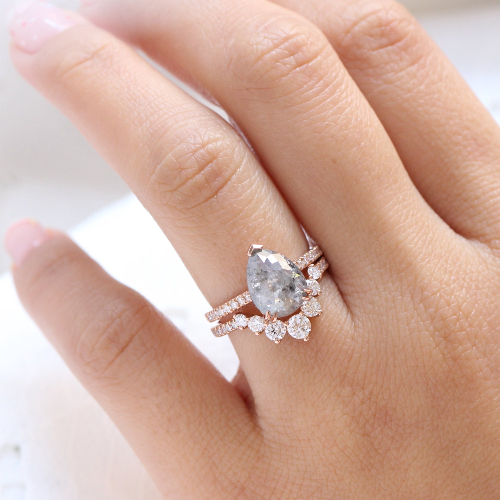 Large salt and pepper diamond ring rose gold pear solitaire ring la more design jewelry