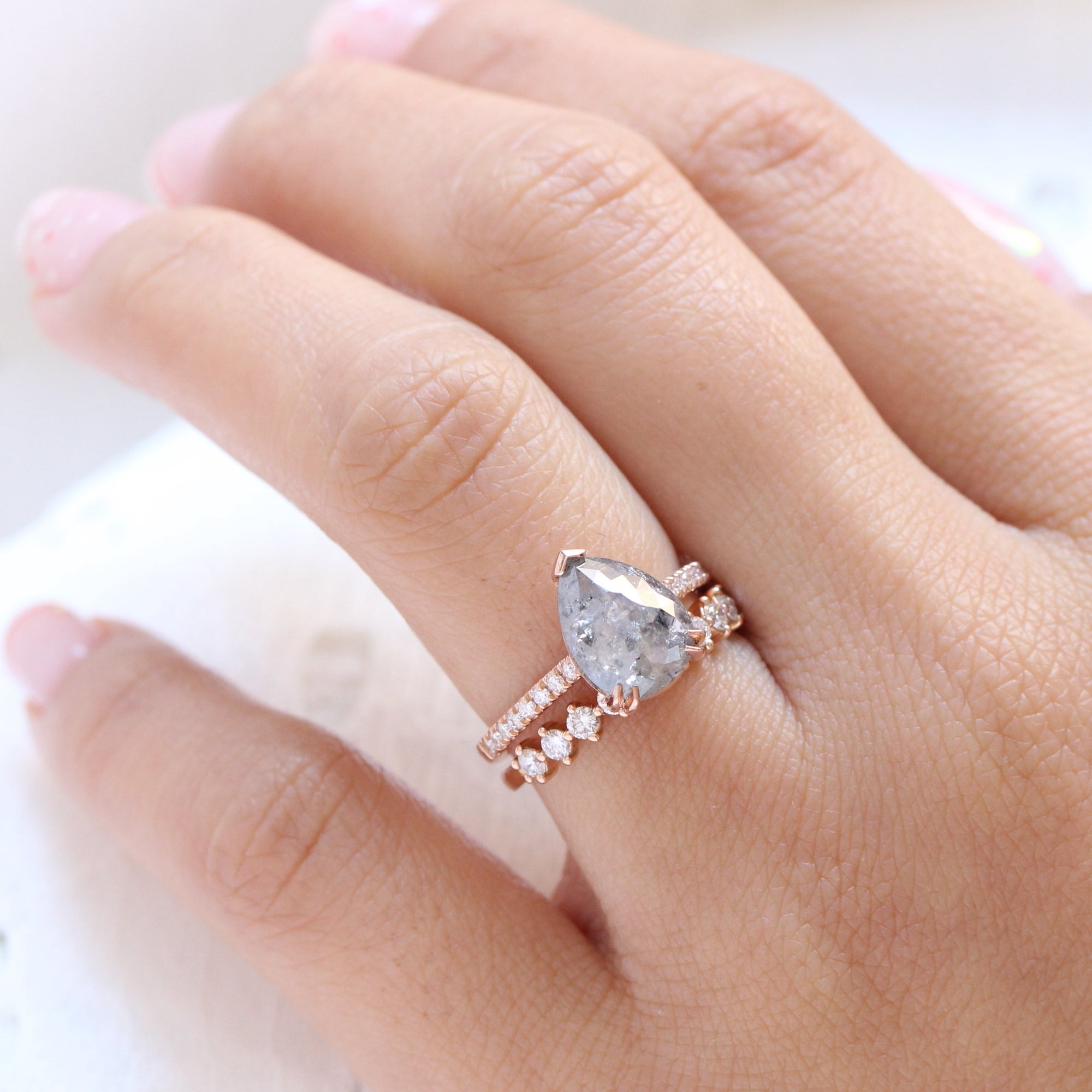 Large salt and pepper diamond ring rose gold pear solitaire ring la more design jewelry