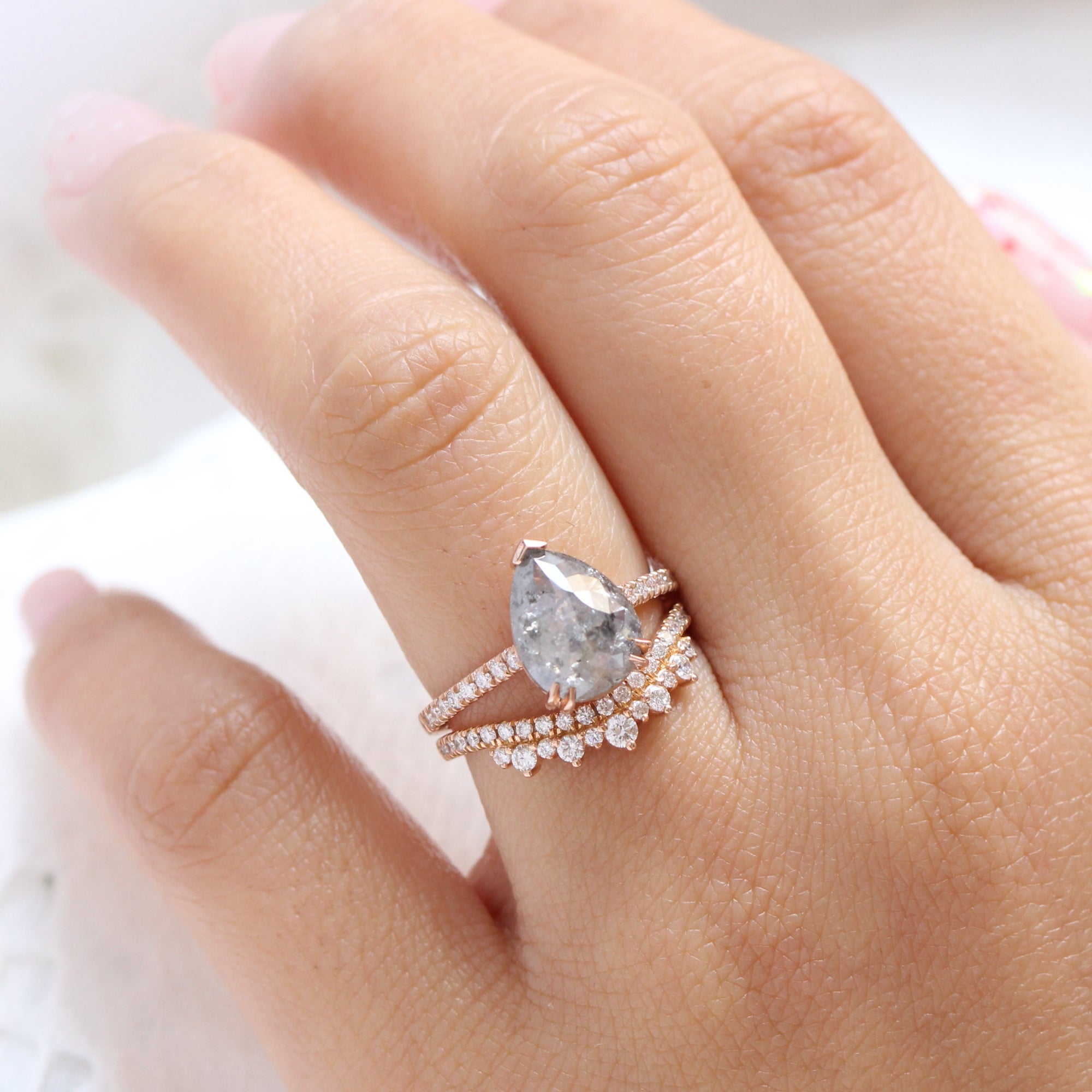 Large salt and pepper diamond ring rose gold pear solitaire ring la more design jewelry
