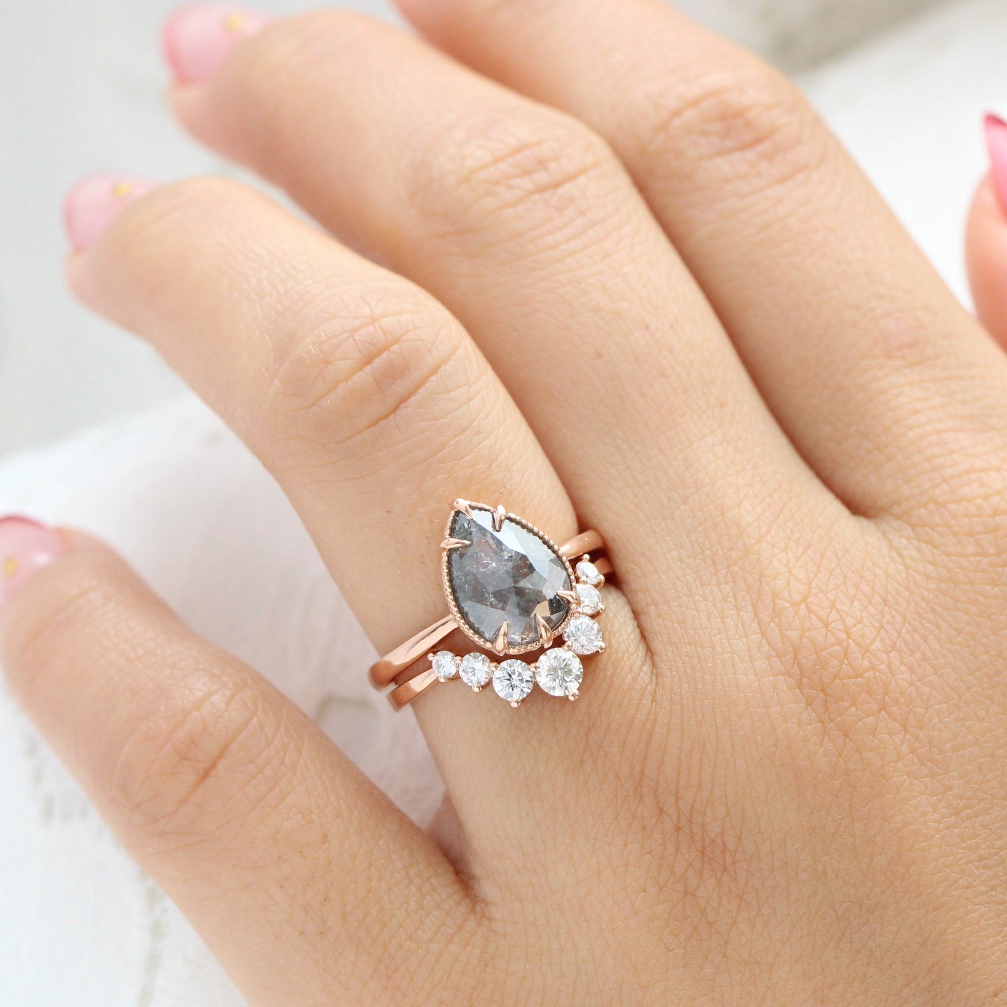 Large salt and pepper diamond ring rose gold solitaire pear ring la more design jewelry