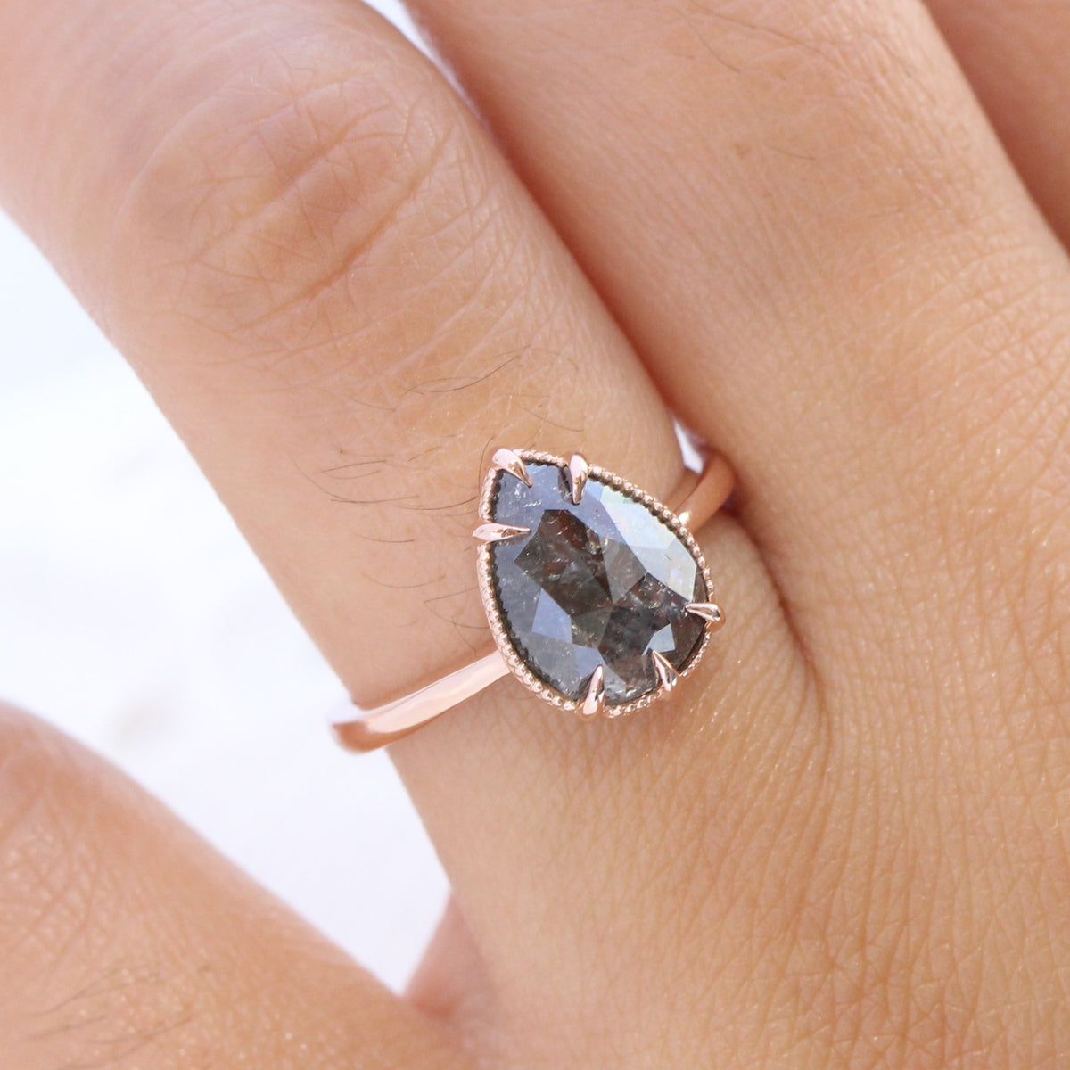 Large salt and pepper diamond ring rose gold solitaire pear ring la more design jewelry