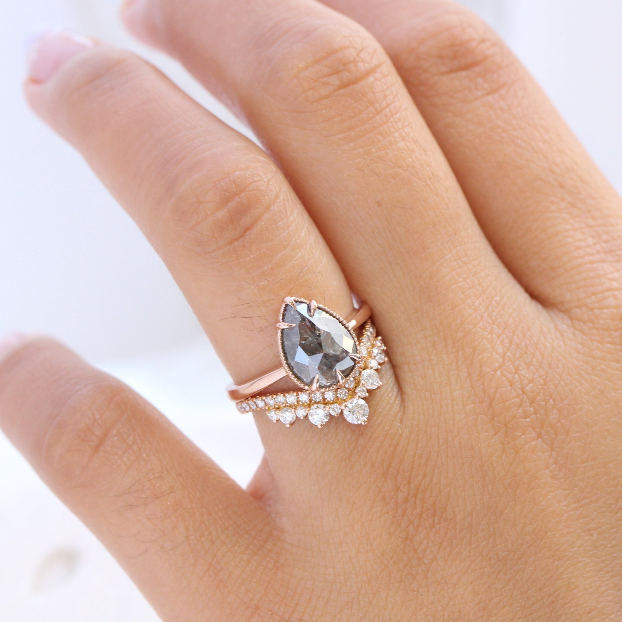 Large salt and pepper diamond ring rose gold solitaire pear ring la more design jewelry