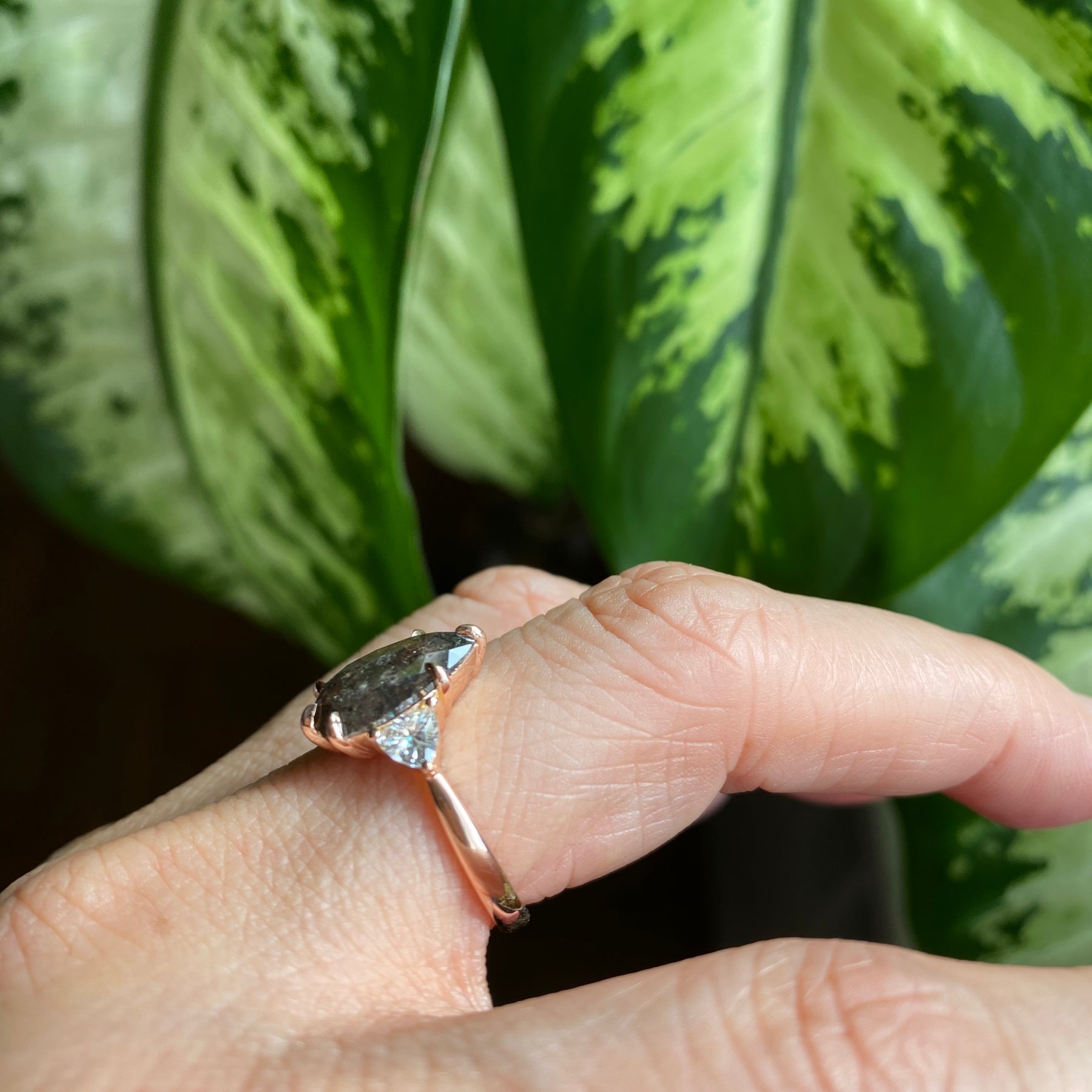 Large salt and pepper grey diamond ring rose gold 3 stone ring la more design jewelry