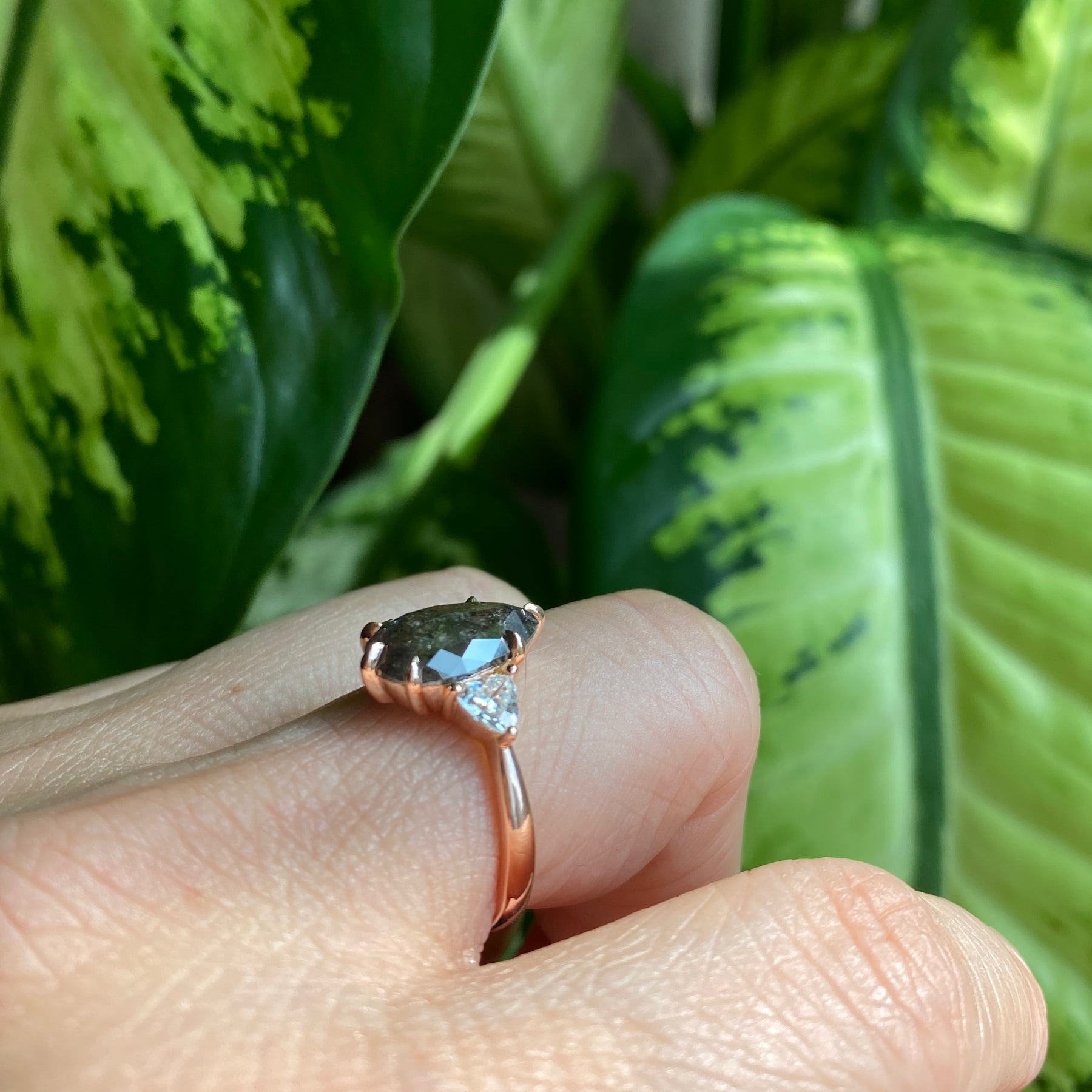 Large salt and pepper grey diamond ring rose gold 3 stone ring la more design jewelry