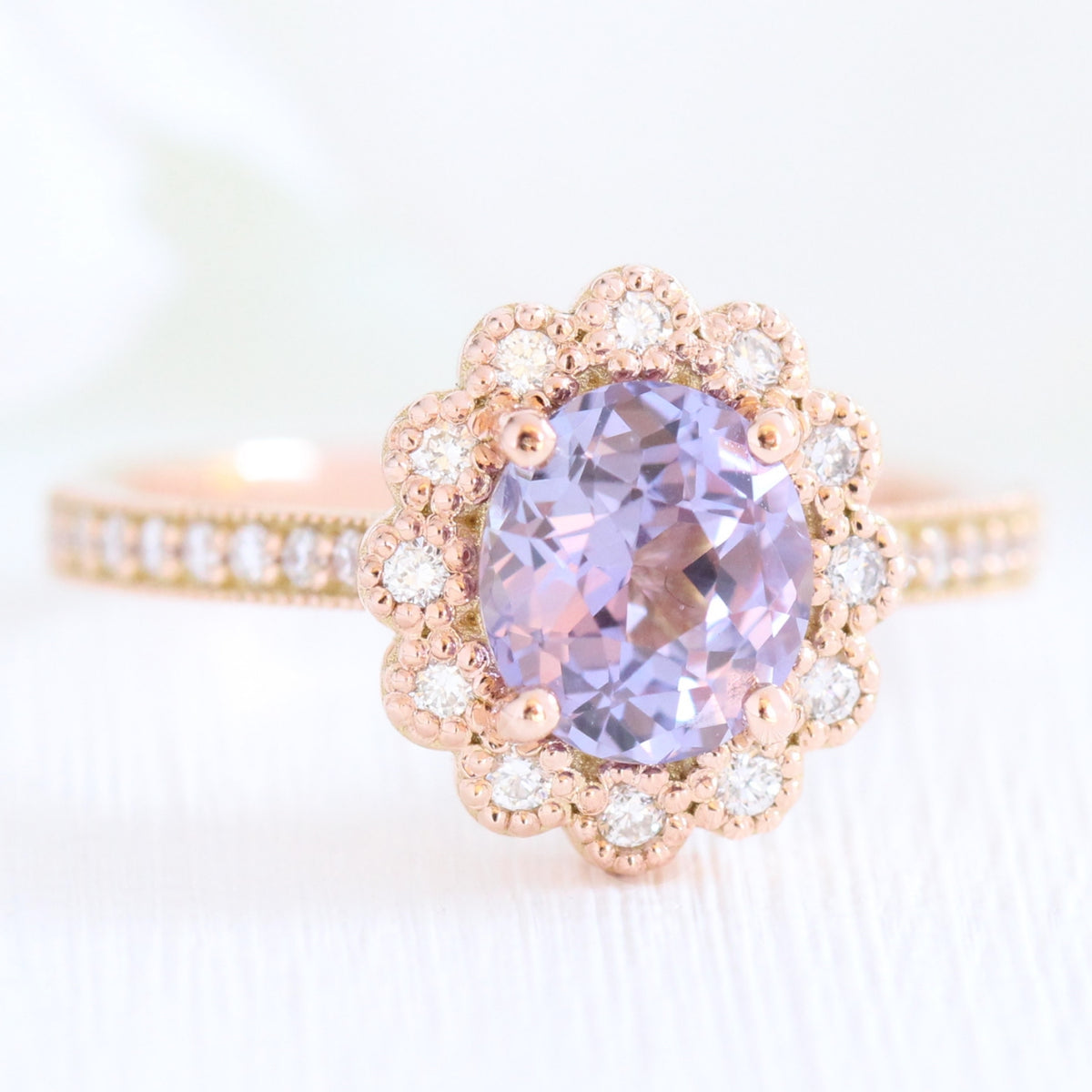 Lavender Purple Sapphire Engagement Ring Rose Gold Vintage Halo Diamond Ring La More Design Jewelry