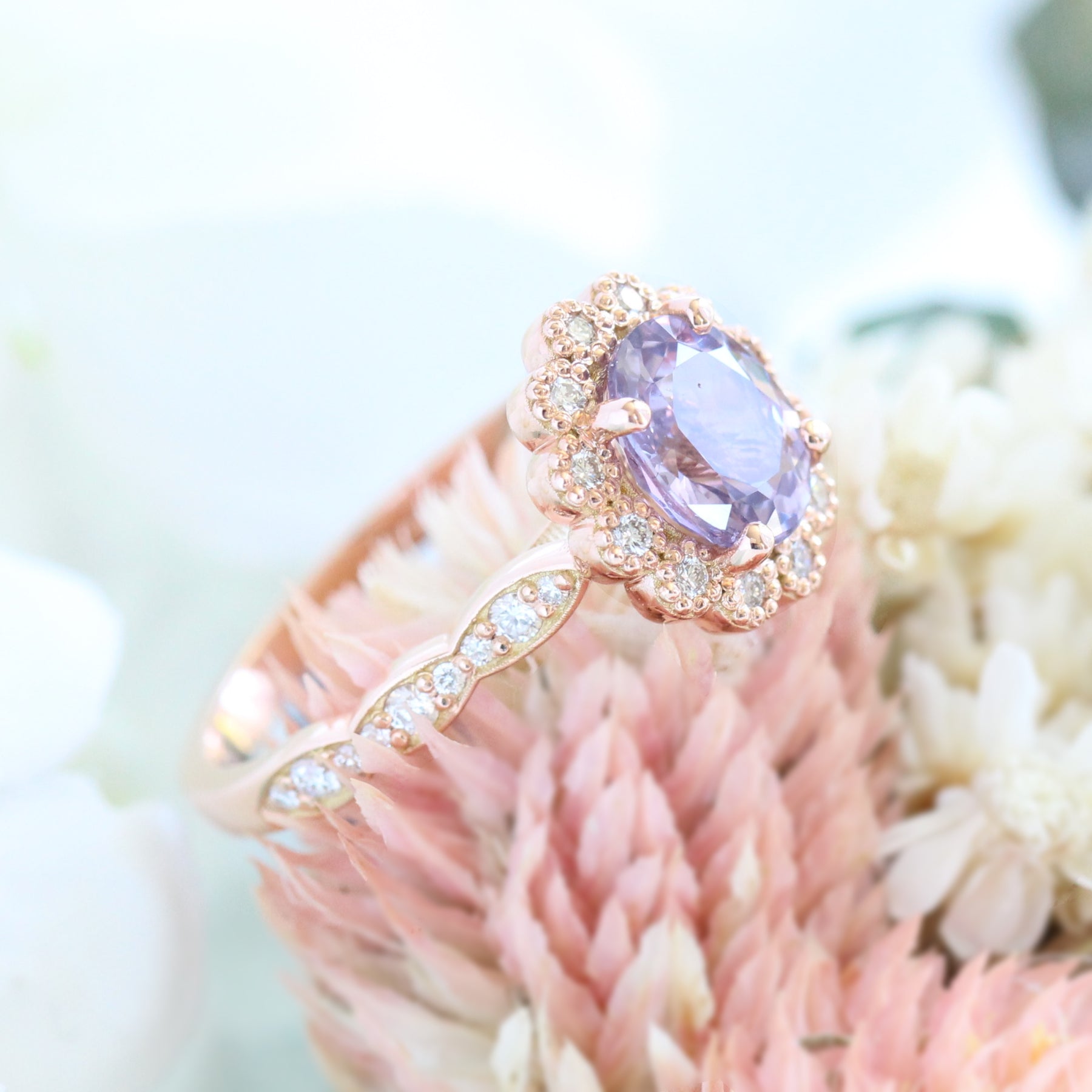 Lavender Purple Sapphire Engagement Ring Rose Gold Vintage Halo Diamond Ring La More Design Jewelry