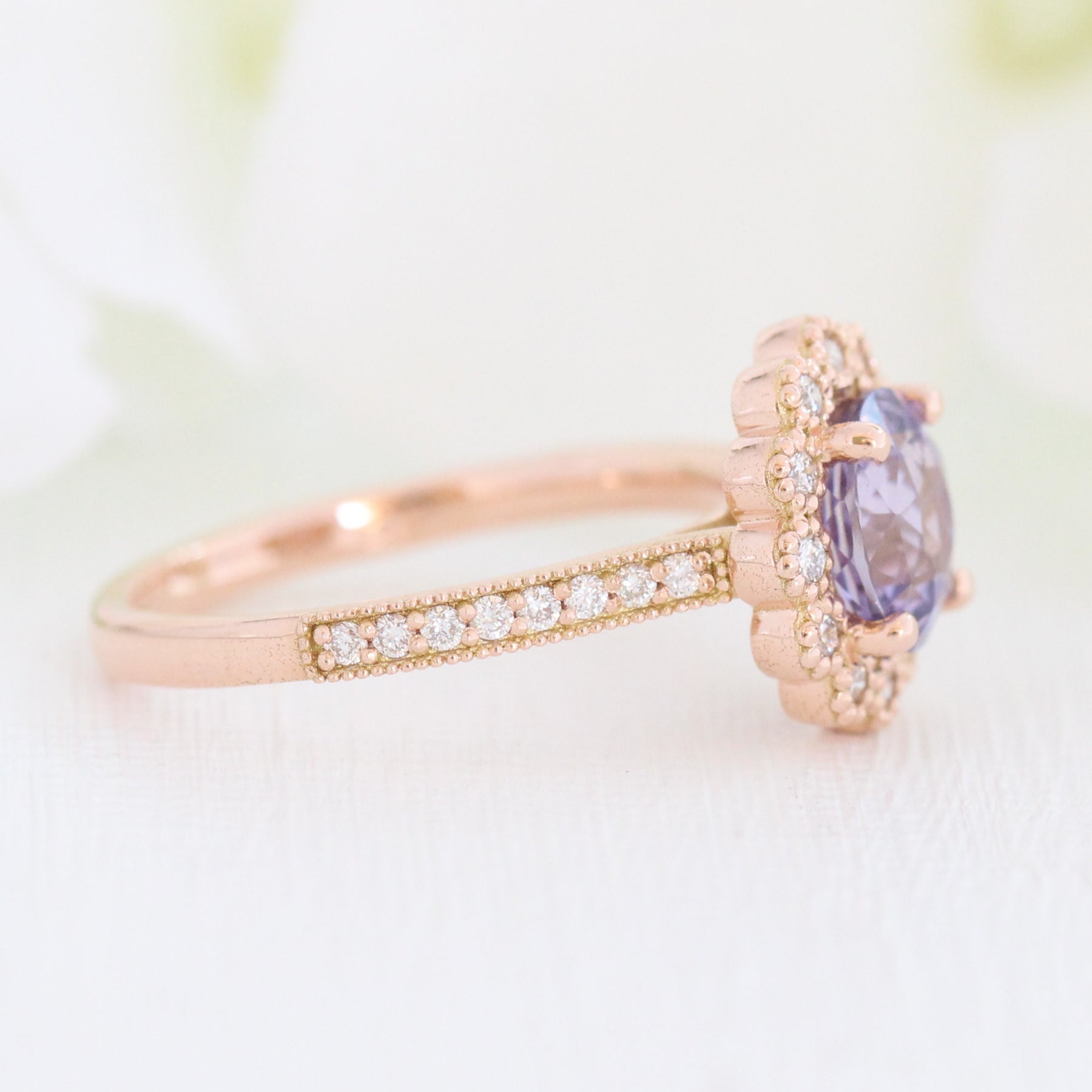 Lavender Purple Sapphire Engagement Ring Rose Gold Vintage Halo Diamond Ring La More Design Jewelry