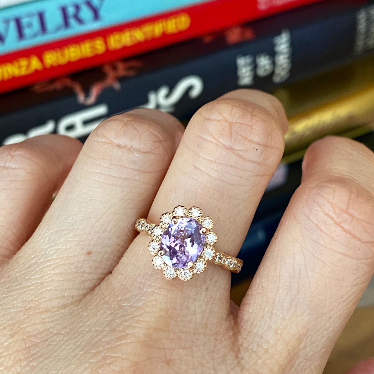 Lavender Purple Sapphire Engagement Ring Rose Gold Vintage Halo Diamond Ring La More Design Jewelry