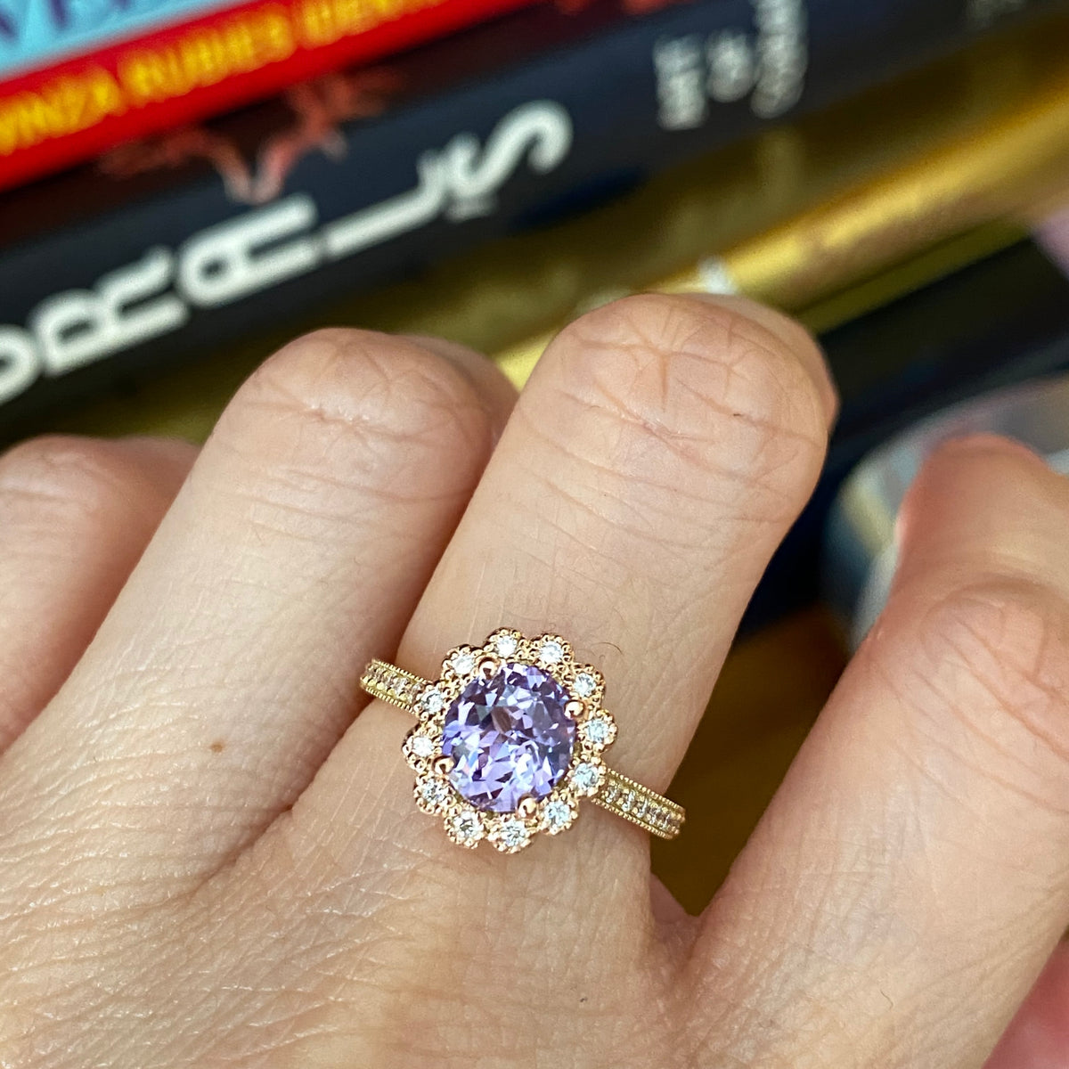 Lavender Purple Sapphire Engagement Ring Rose Gold Vintage Halo Diamond Ring La More Design Jewelry