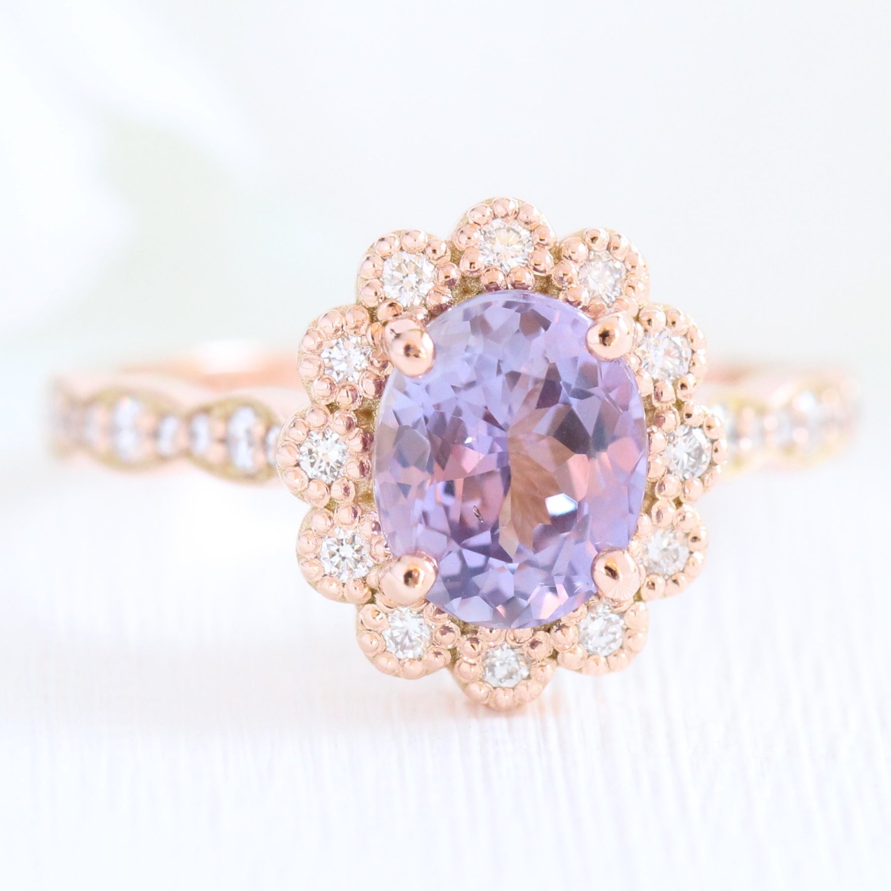 Lavender Purple Sapphire Engagement Ring Rose Gold Vintage Halo Diamond Ring La More Design Jewelry