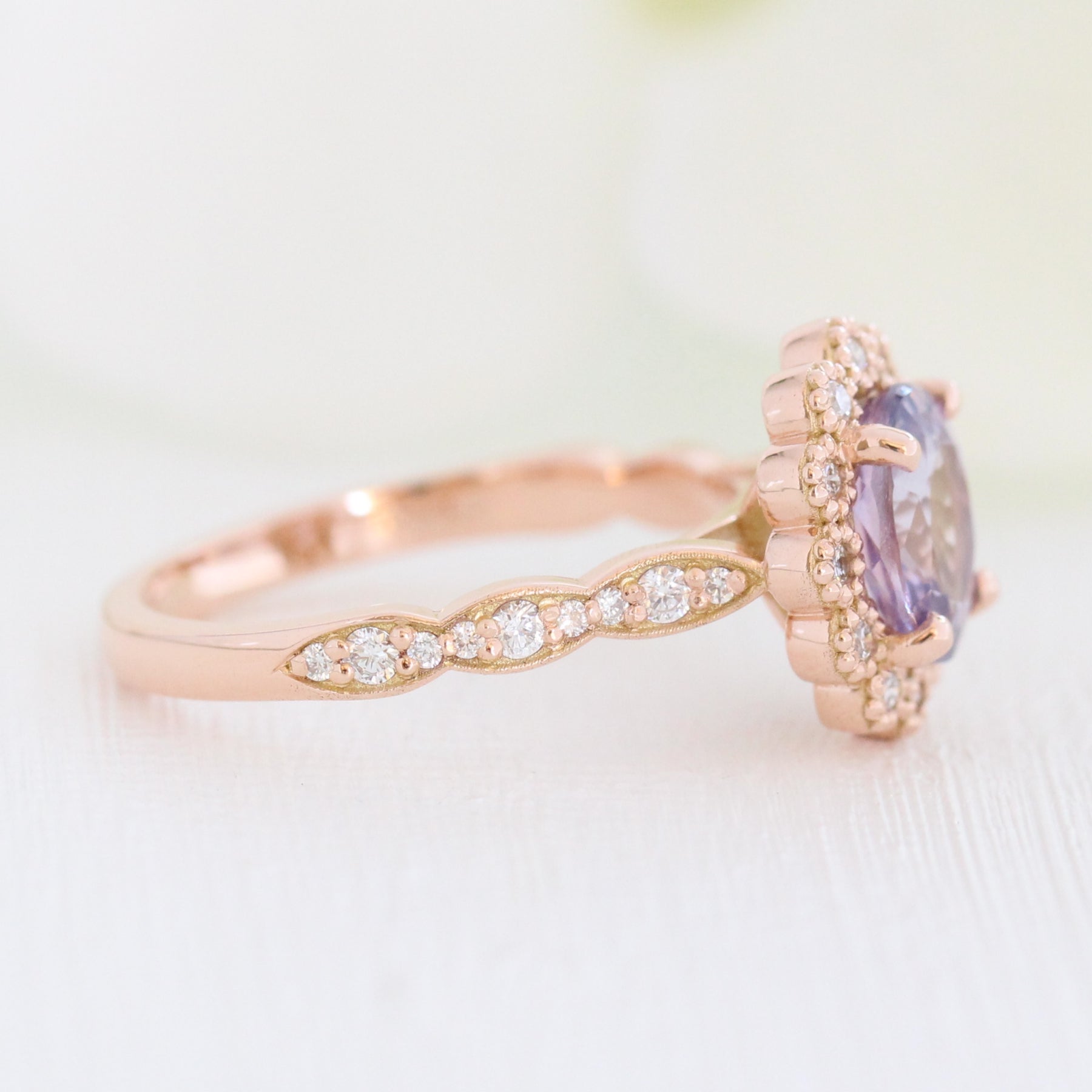 Lavender Purple Sapphire Engagement Ring Rose Gold Vintage Halo Diamond Ring La More Design Jewelry