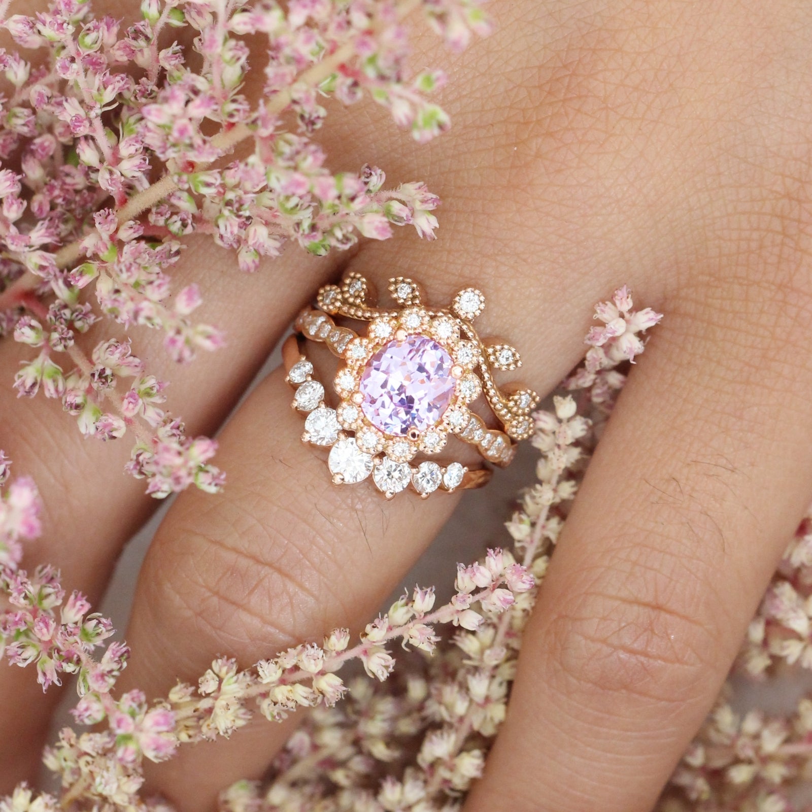 Lavender purple sapphire engagement ring diamond stacking ring set rose gold by la more design jewelry