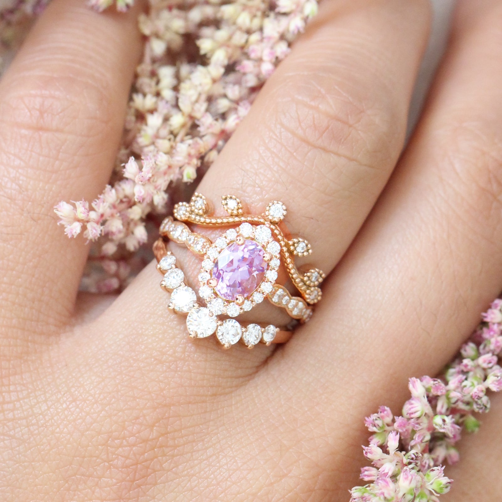 Lavender purple sapphire engagement ring diamond stacking ring set rose gold by la more design jewelry