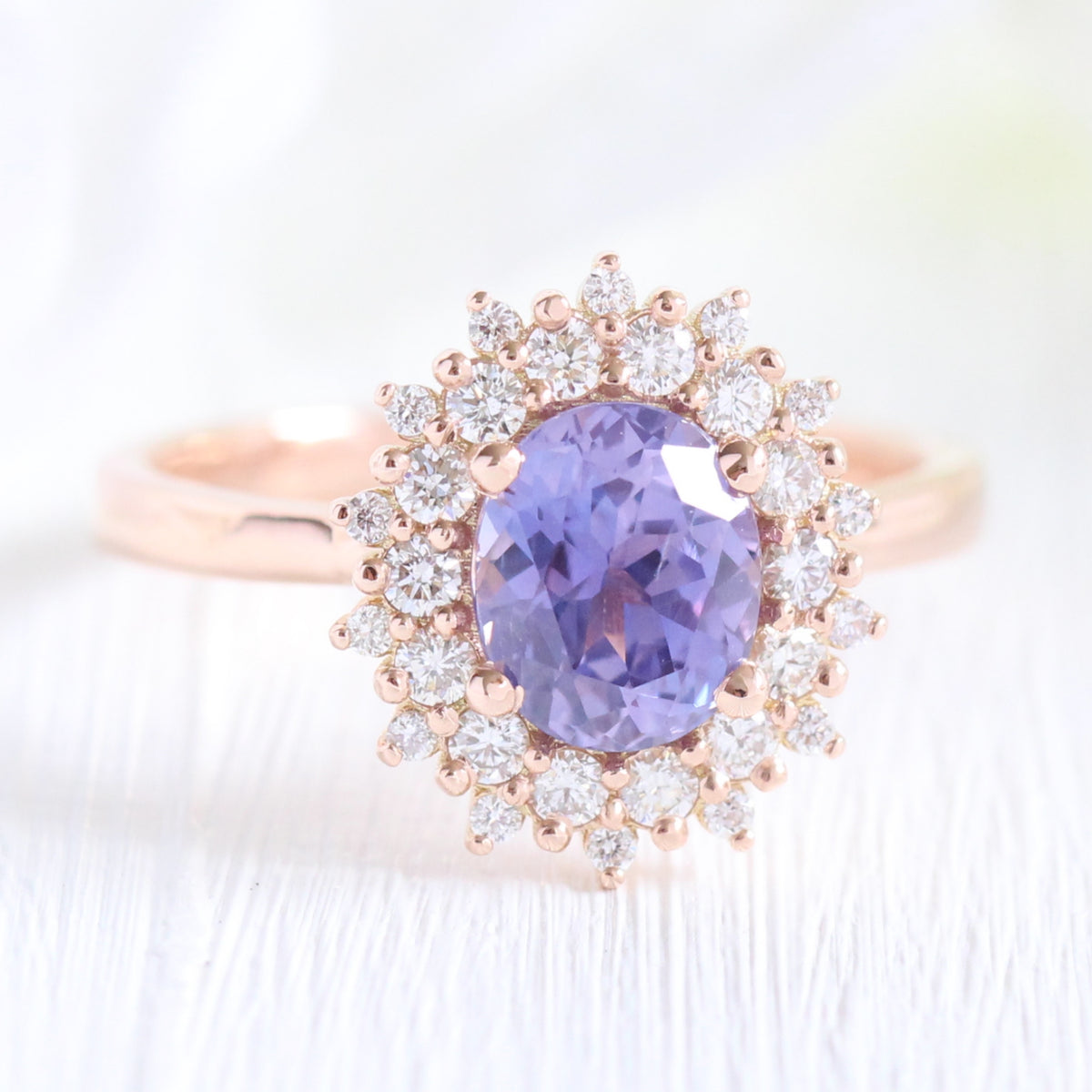 Lavender purple sapphire engagement ring rose gold in double halo diamond ring by la more design jewelry