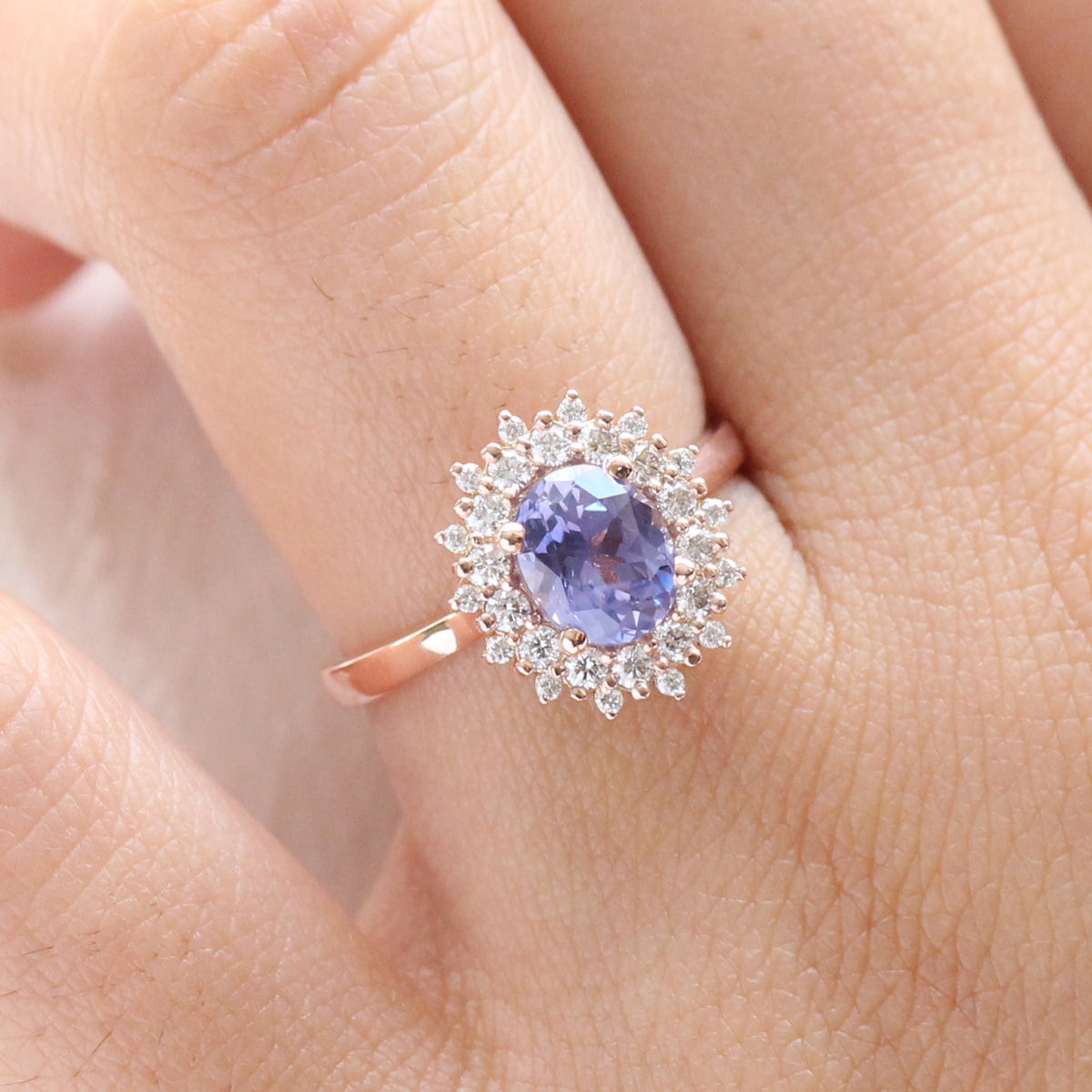 Lavender purple sapphire engagement ring rose gold in double halo diamond ring by la more design jewelry