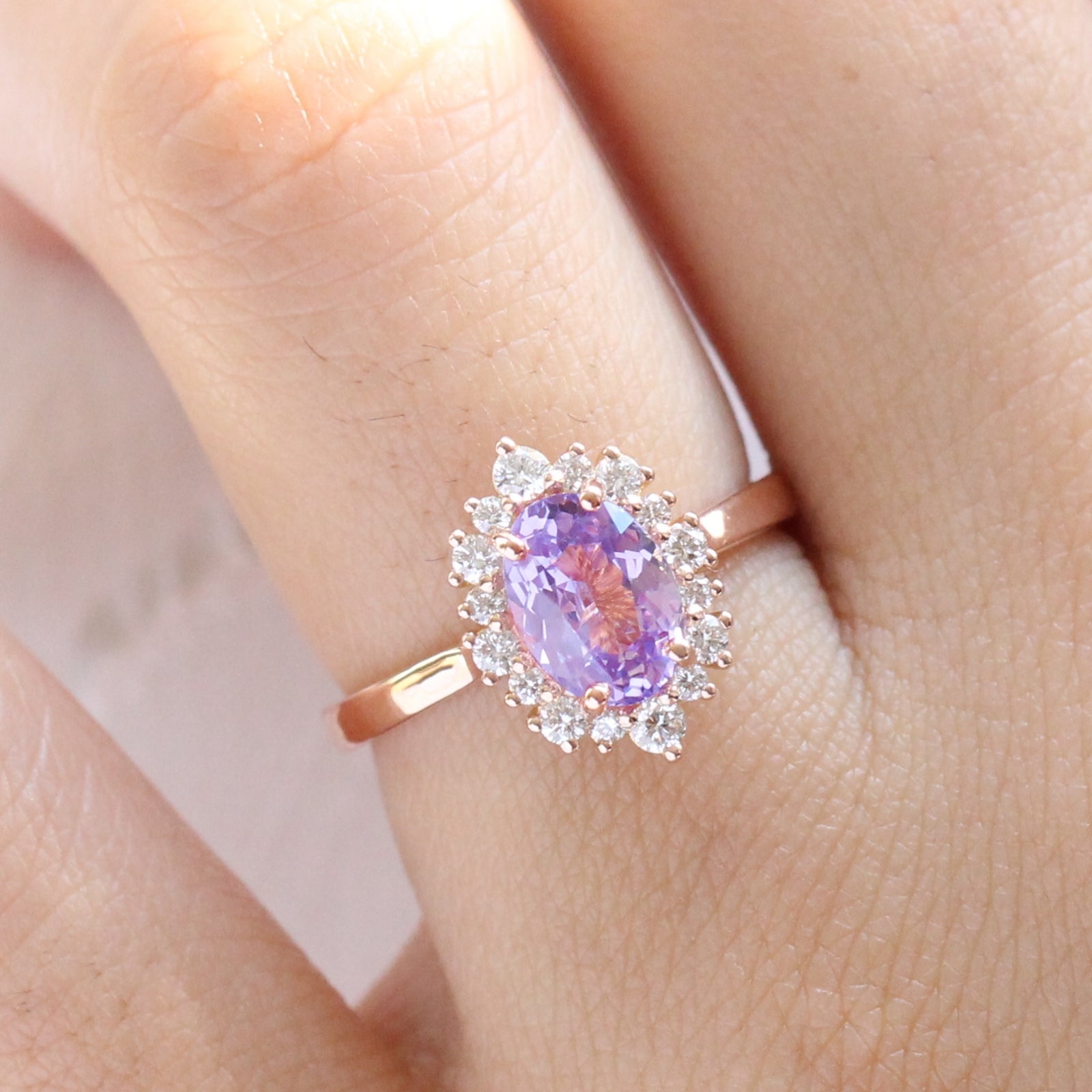 Lavender purple sapphire engagement ring rose gold in halo diamond cluster ring by la more design jewelry