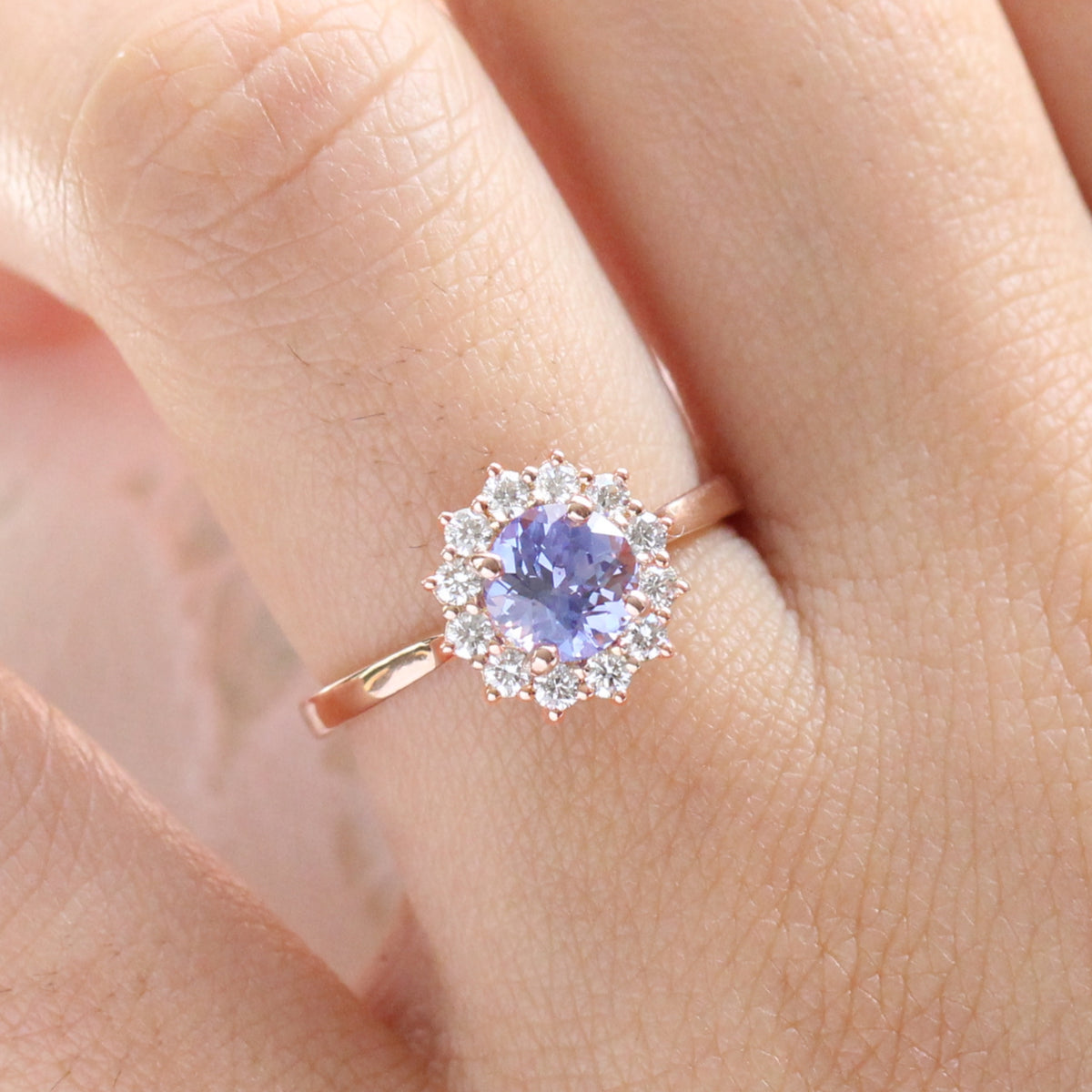 Lavender purple sapphire engagement ring rose gold in halo diamond cluster ring by la more design jewelry