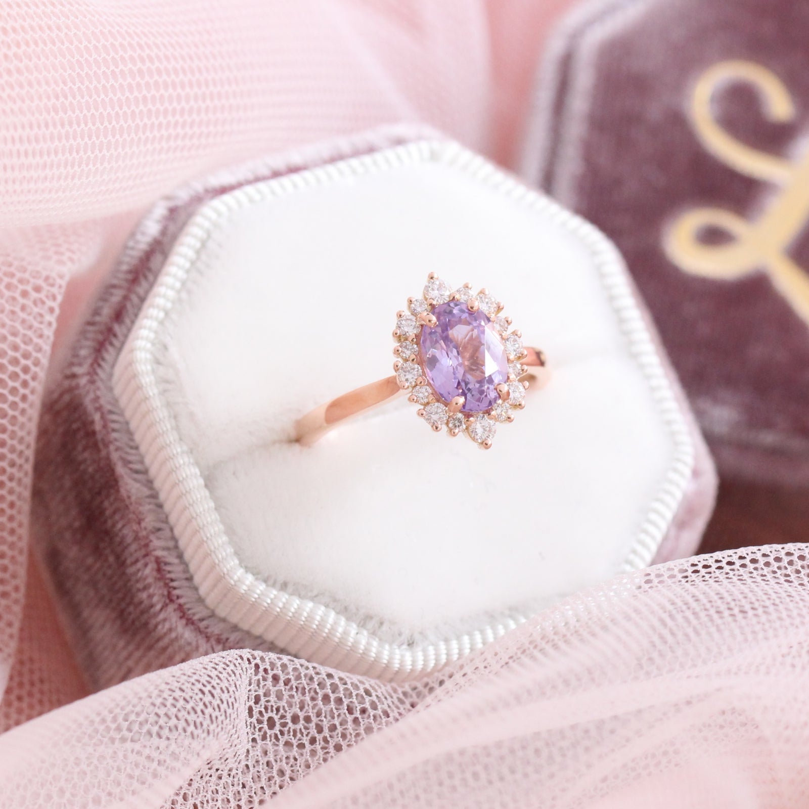Lavender purple sapphire engagement ring rose gold in halo diamond cluster ring by la more design jewelry