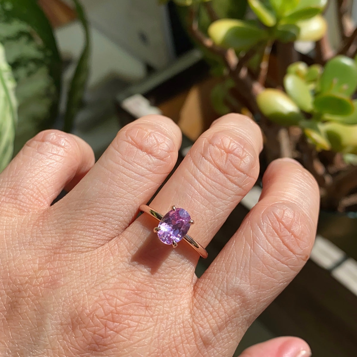 Lavender purple sapphire engagement ring rose gold low profile solitaire ring la more design jewelry