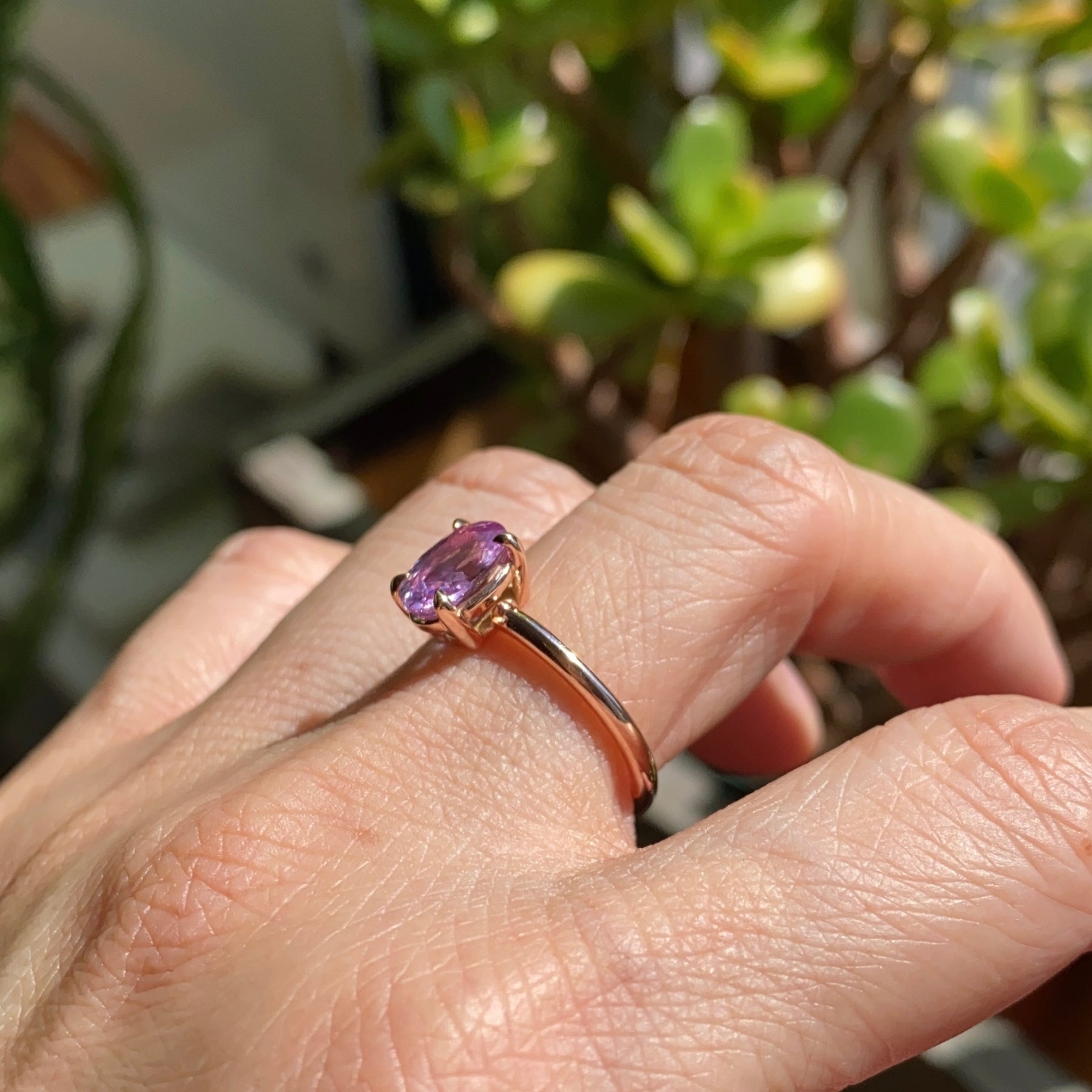 Lavender purple sapphire engagement ring rose gold low profile solitaire ring la more design jewelry