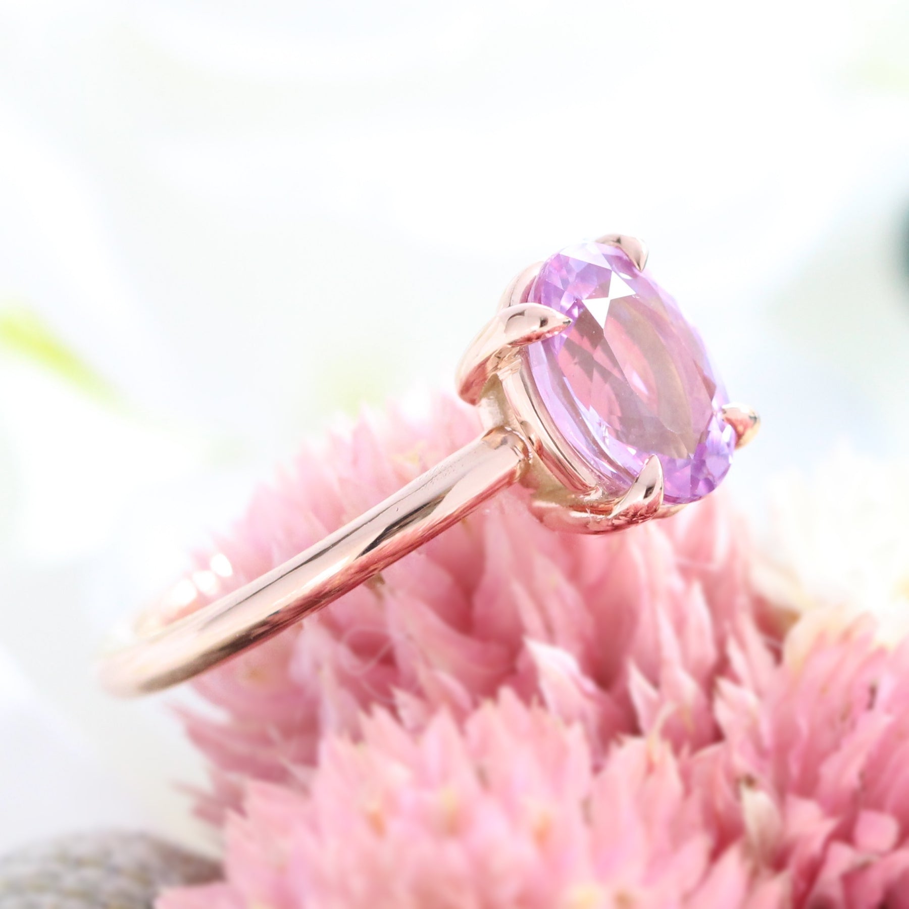 Lavender purple sapphire engagement ring rose gold low profile solitaire ring la more design jewelry
