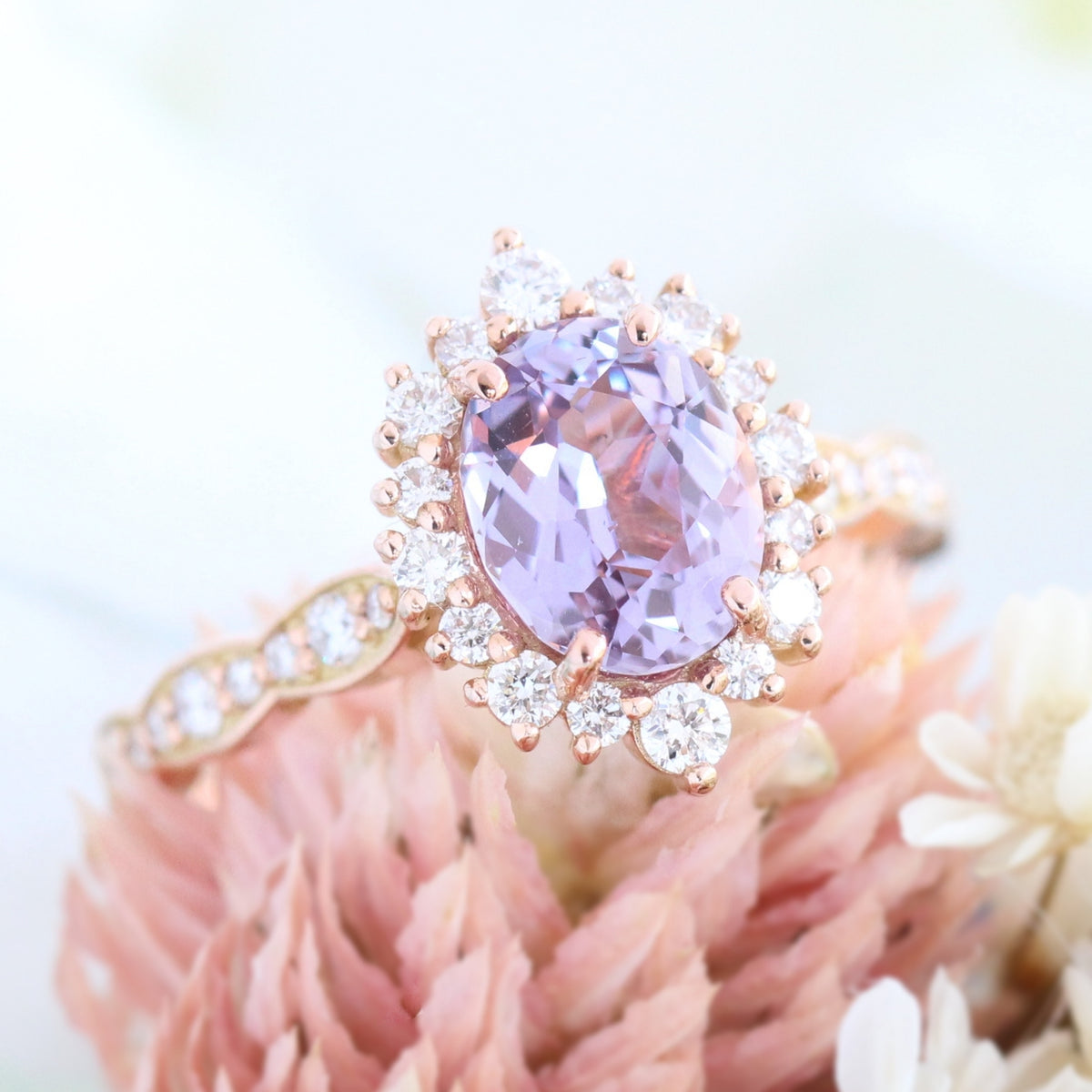 Lavender Sapphire Engagement Ring Rose Gold Halo Diamond Cluster Ring ...