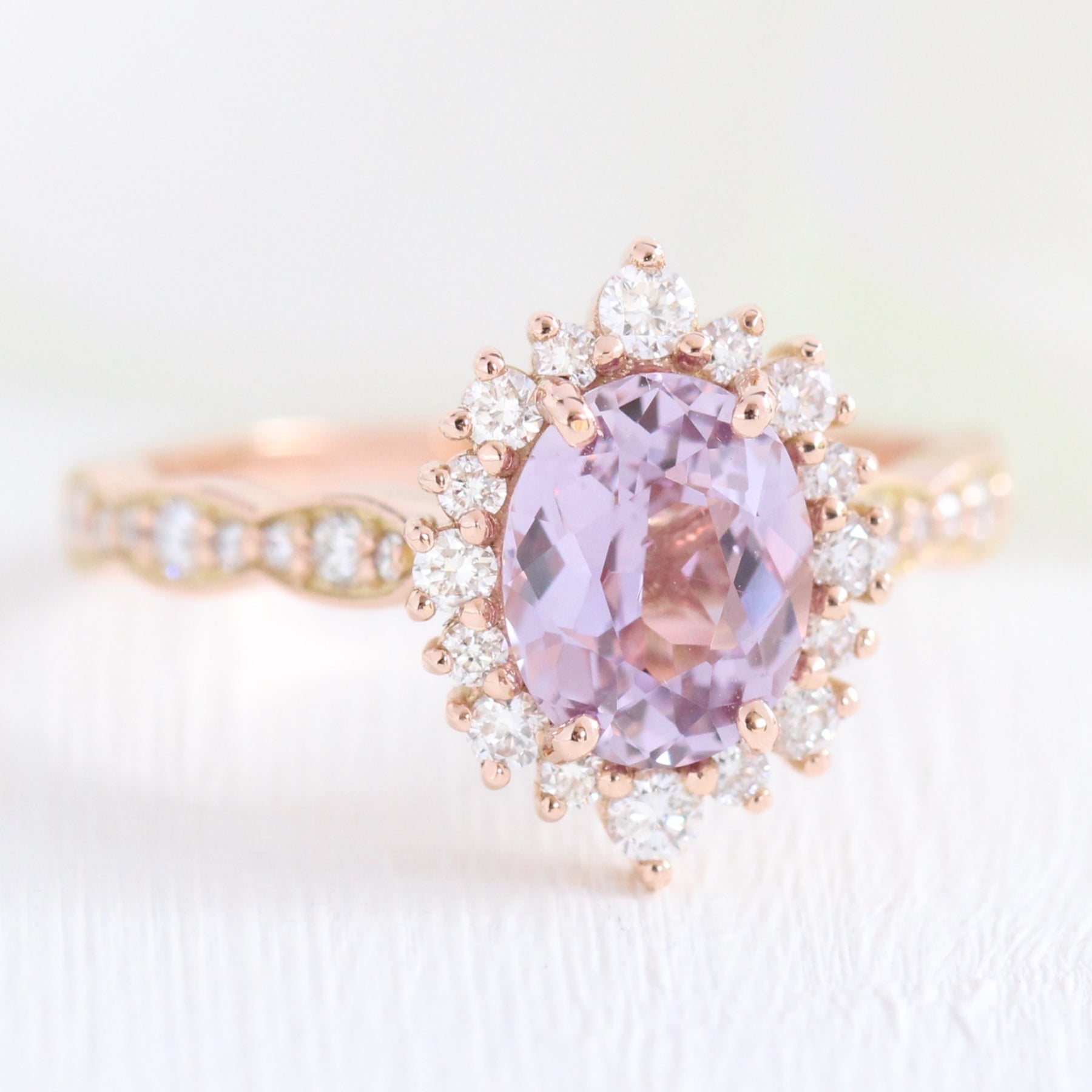 Lavender purple sapphire engagement ring rose gold tiara halo diamond ring la more design jewelry