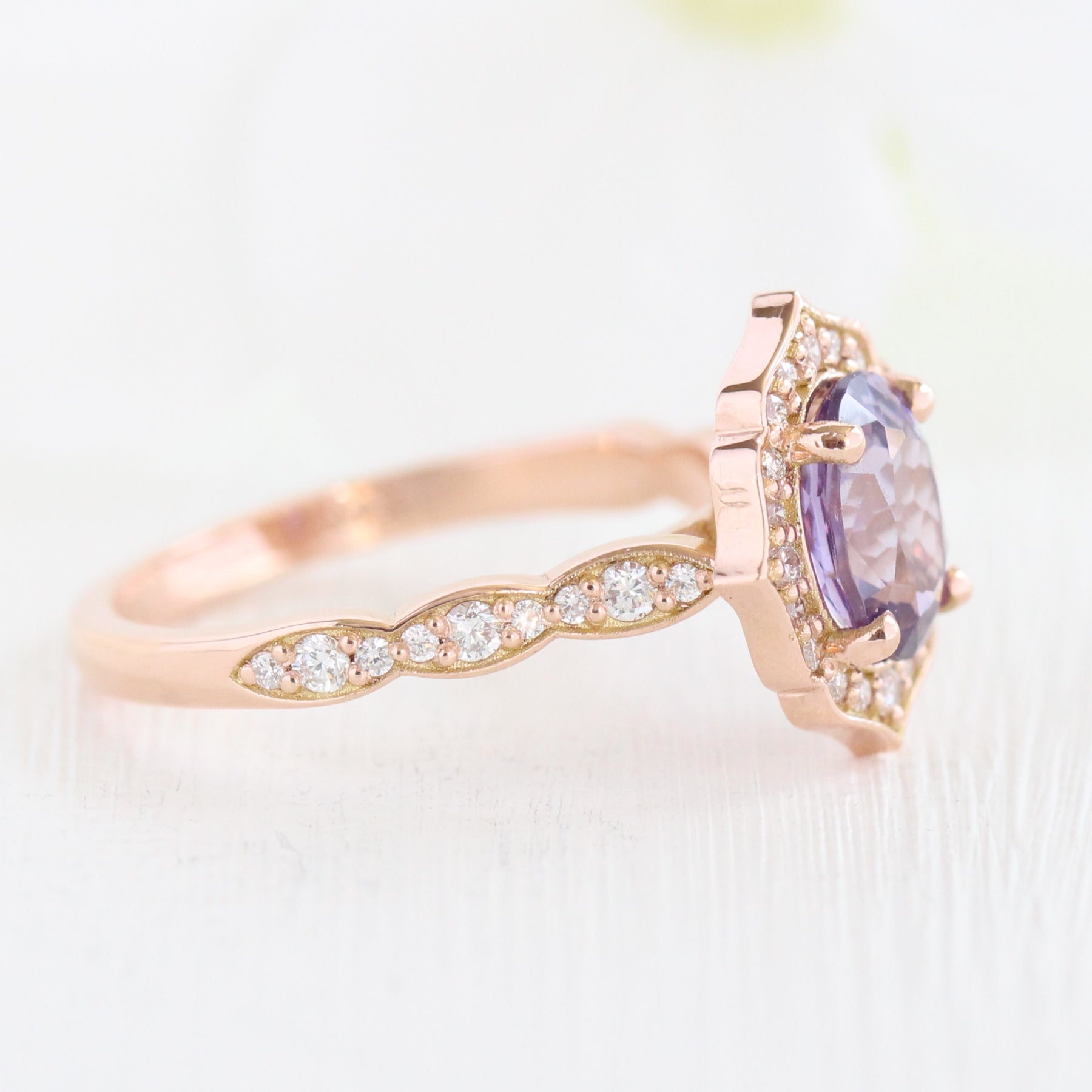 Lavender purple sapphire engagement ring rose gold vintage halo diamond ring la more design jewelry