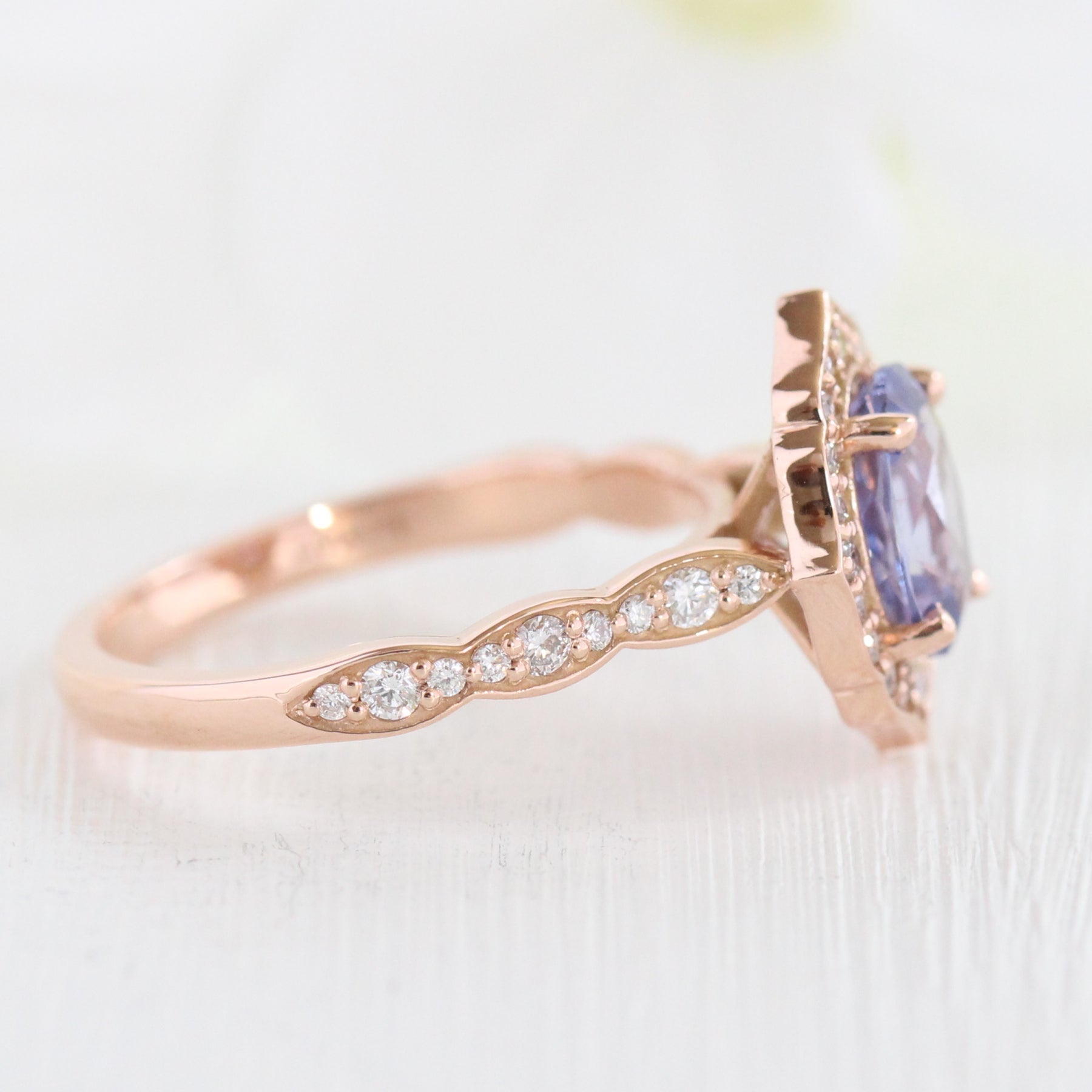 Lavender purple sapphire engagement ring rose gold vintage halo diamond ring la more design jewelry