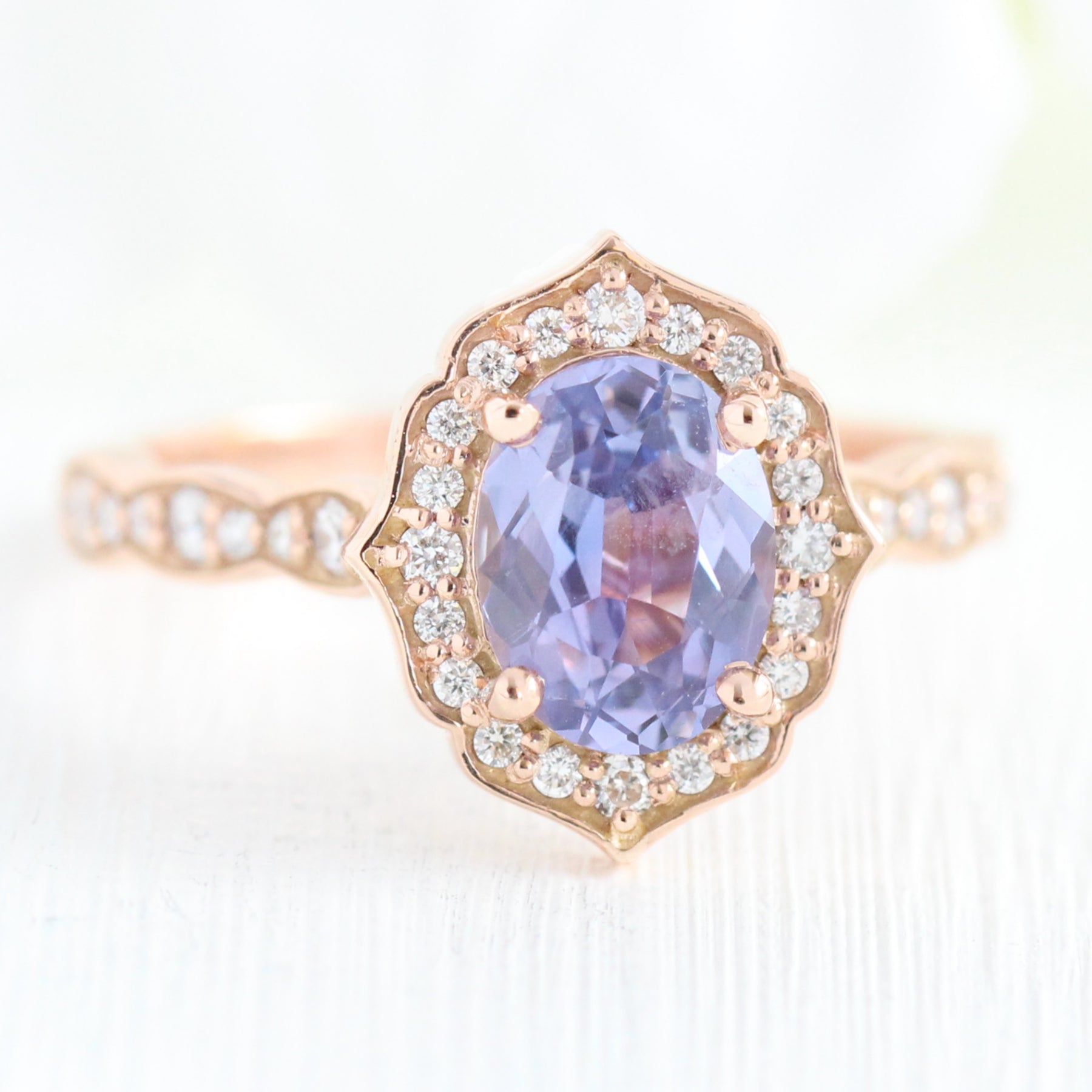 Lavender purple sapphire engagement ring rose gold vintage halo diamond ring la more design jewelry