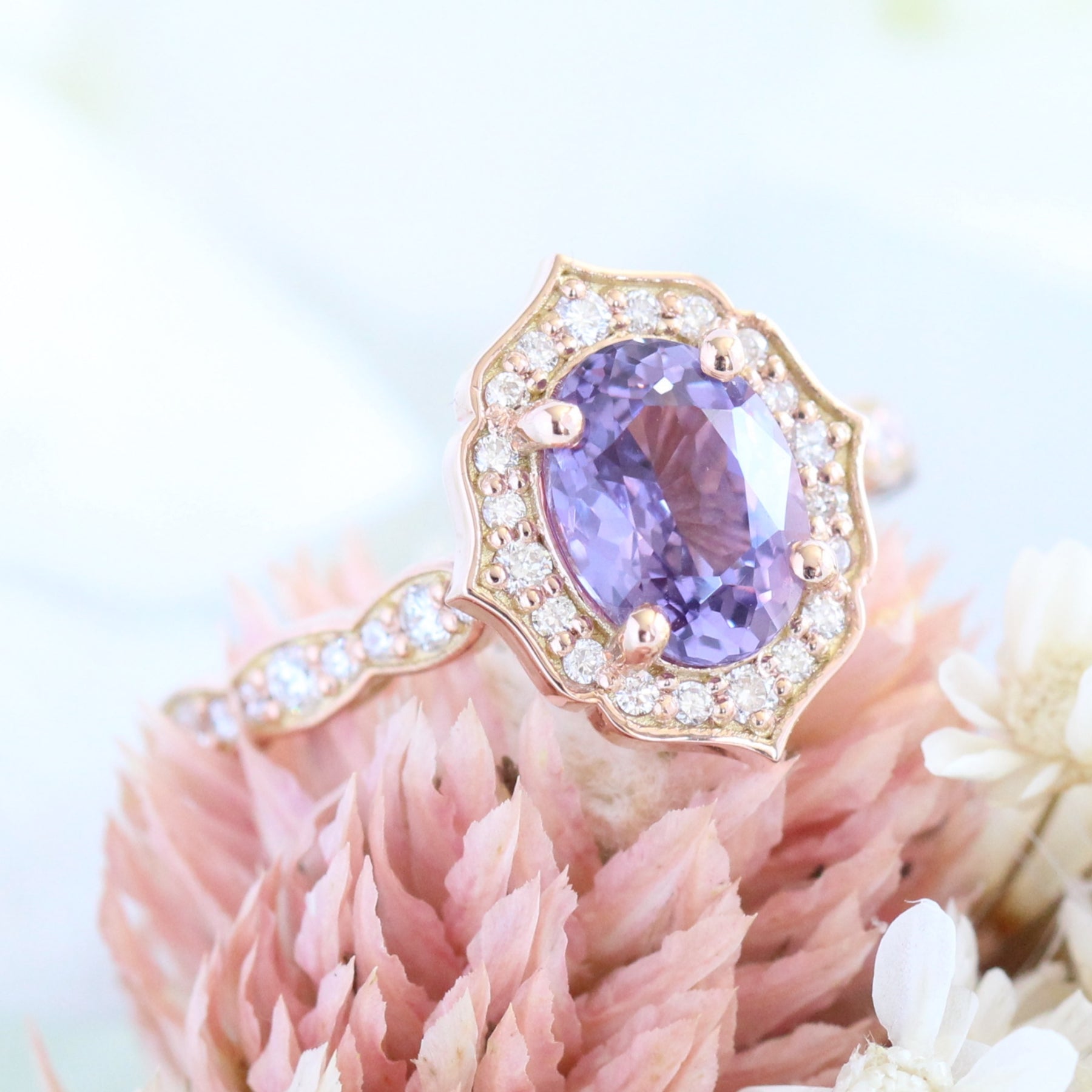 Lavender purple sapphire engagement ring rose gold vintage halo diamond ring la more design jewelry