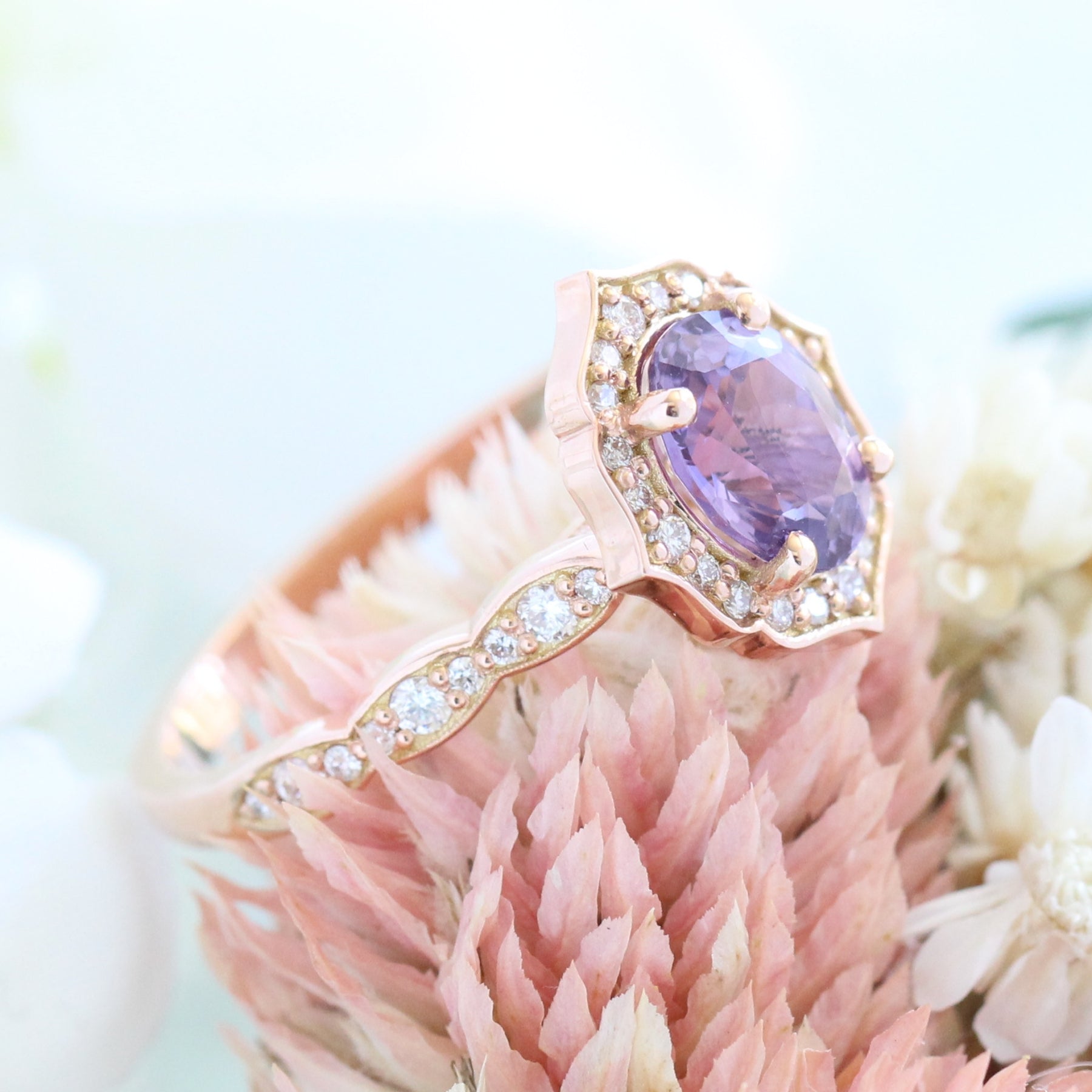 Lavender purple sapphire engagement ring rose gold vintage halo diamond ring la more design jewelry