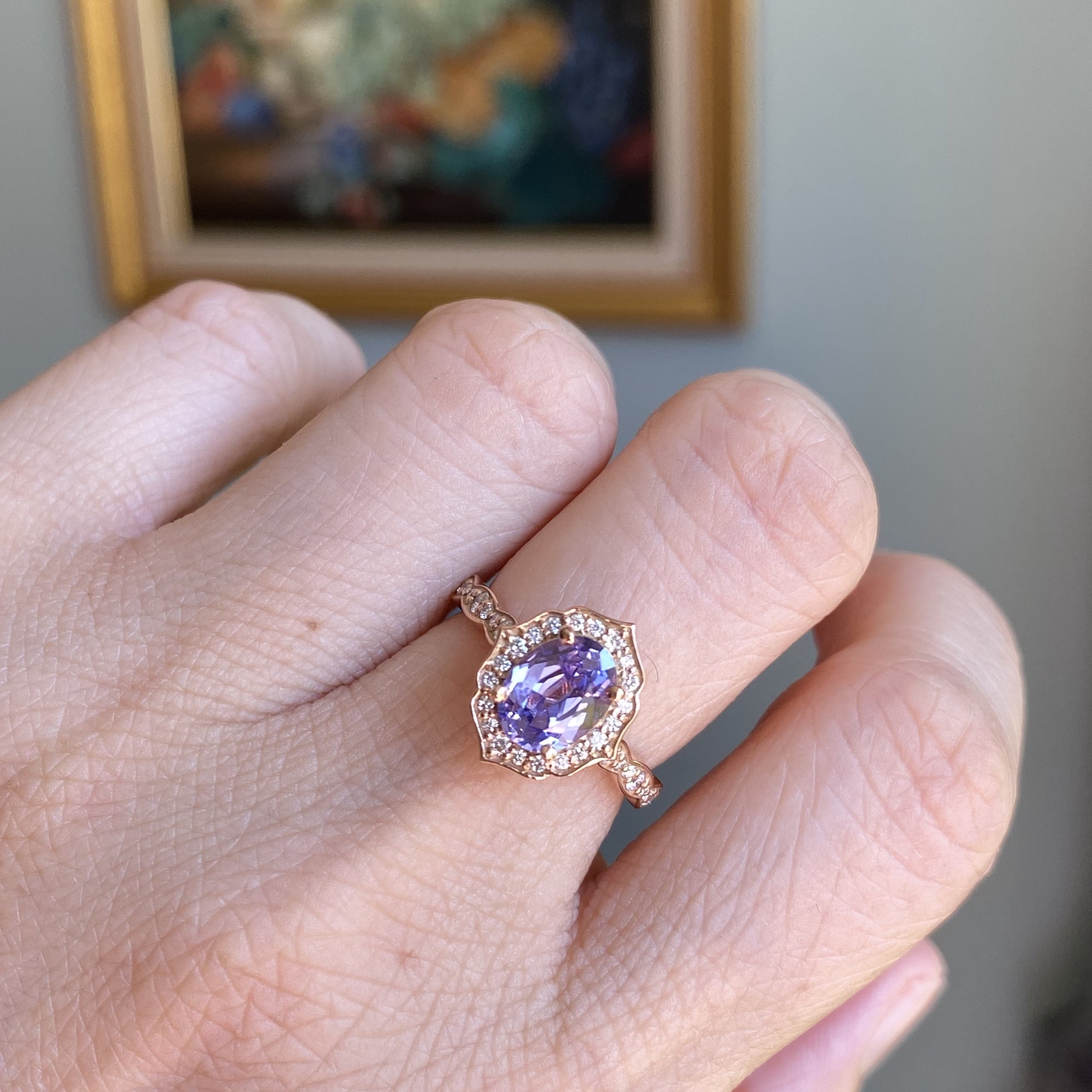 Lavender purple sapphire engagement ring rose gold vintage halo diamond ring la more design jewelry