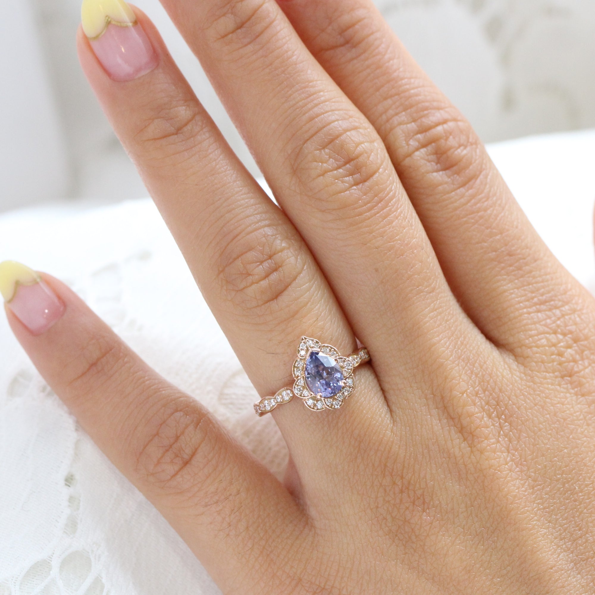 Lavender purple sapphire ring rose gold pear engagement ring la more design jewelry