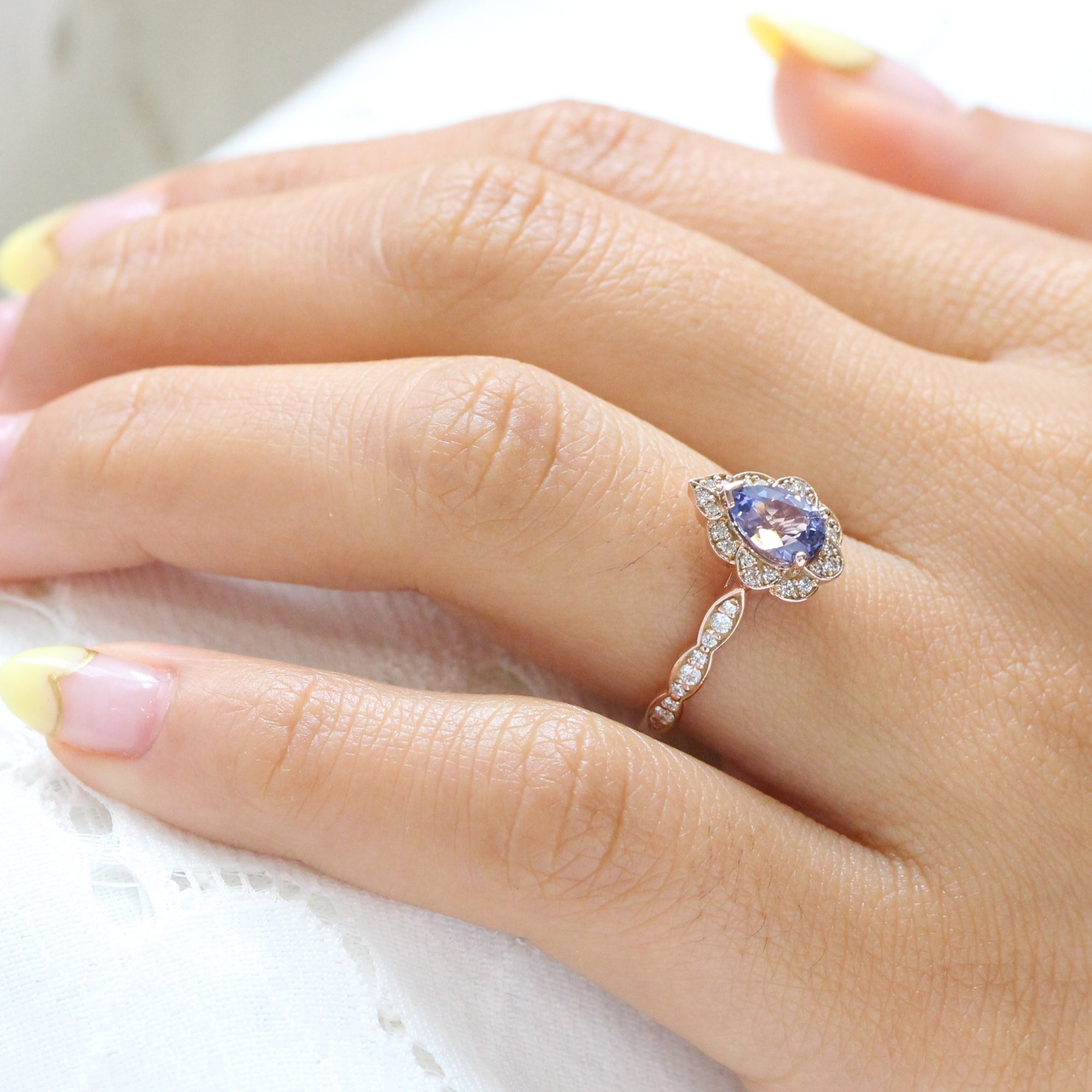 Lavender purple sapphire ring rose gold pear engagement ring la more design jewelry