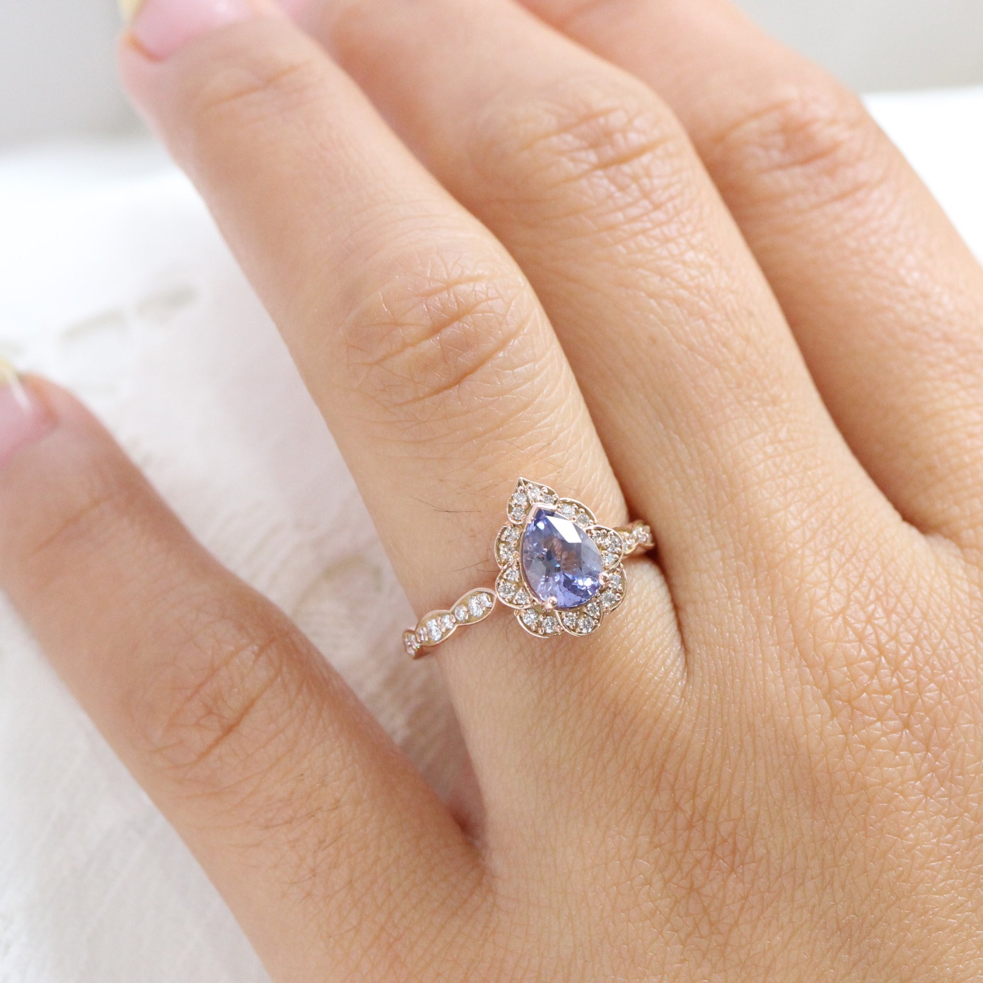Lavender purple sapphire ring rose gold pear engagement ring la more design jewelry