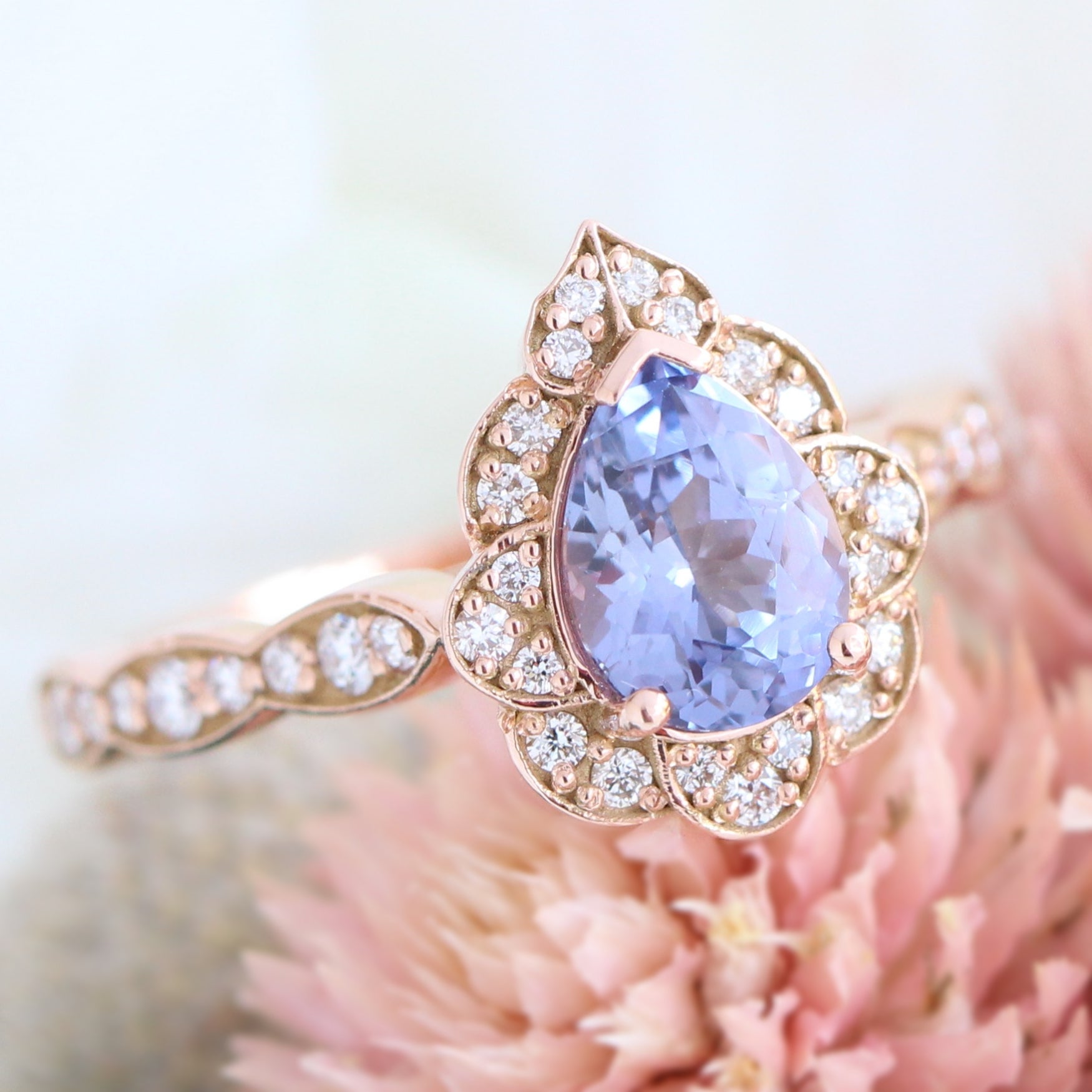 Lavender purple sapphire ring rose gold pear engagement ring la more design jewelry