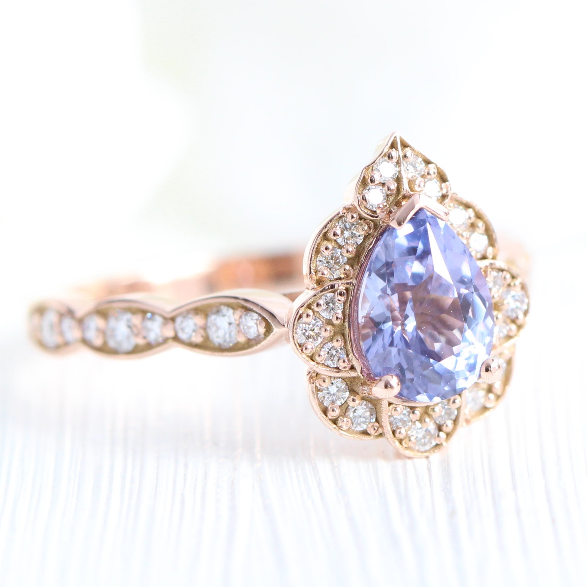 Lavender purple sapphire ring rose gold pear engagement ring la more design jewelry