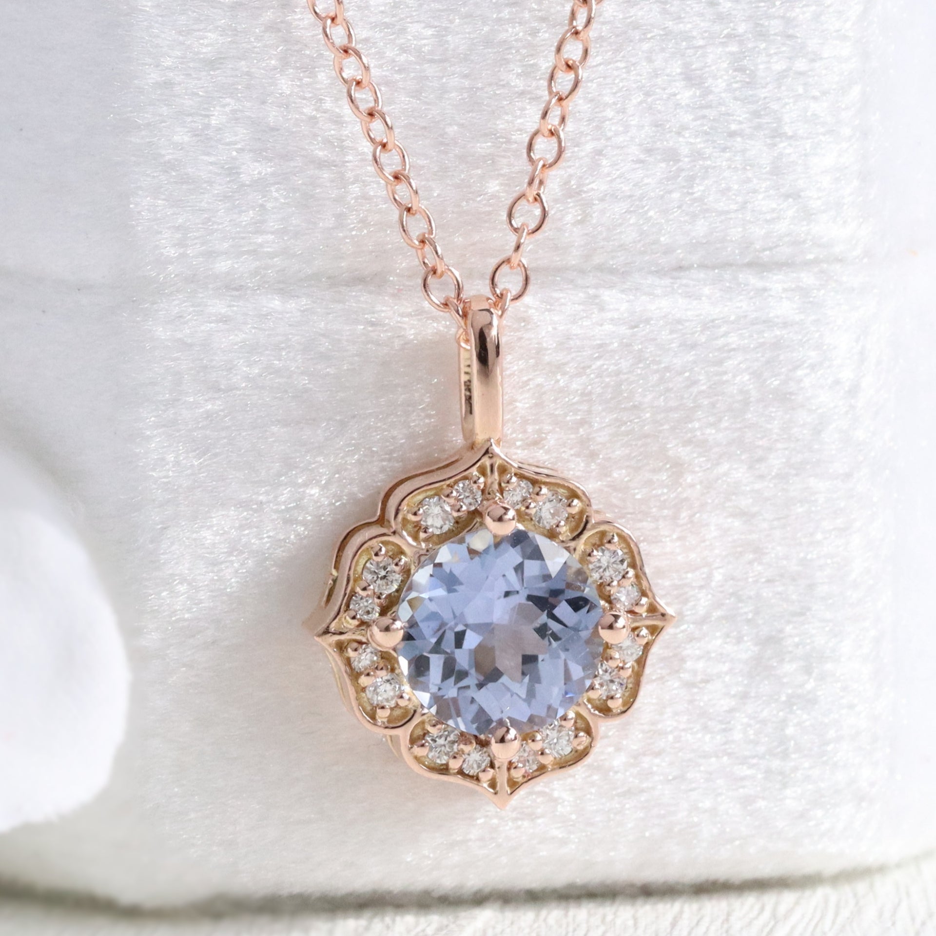 Natural Lavender Sapphire Necklace Rose Gold Halo Diamond Pendant | La ...