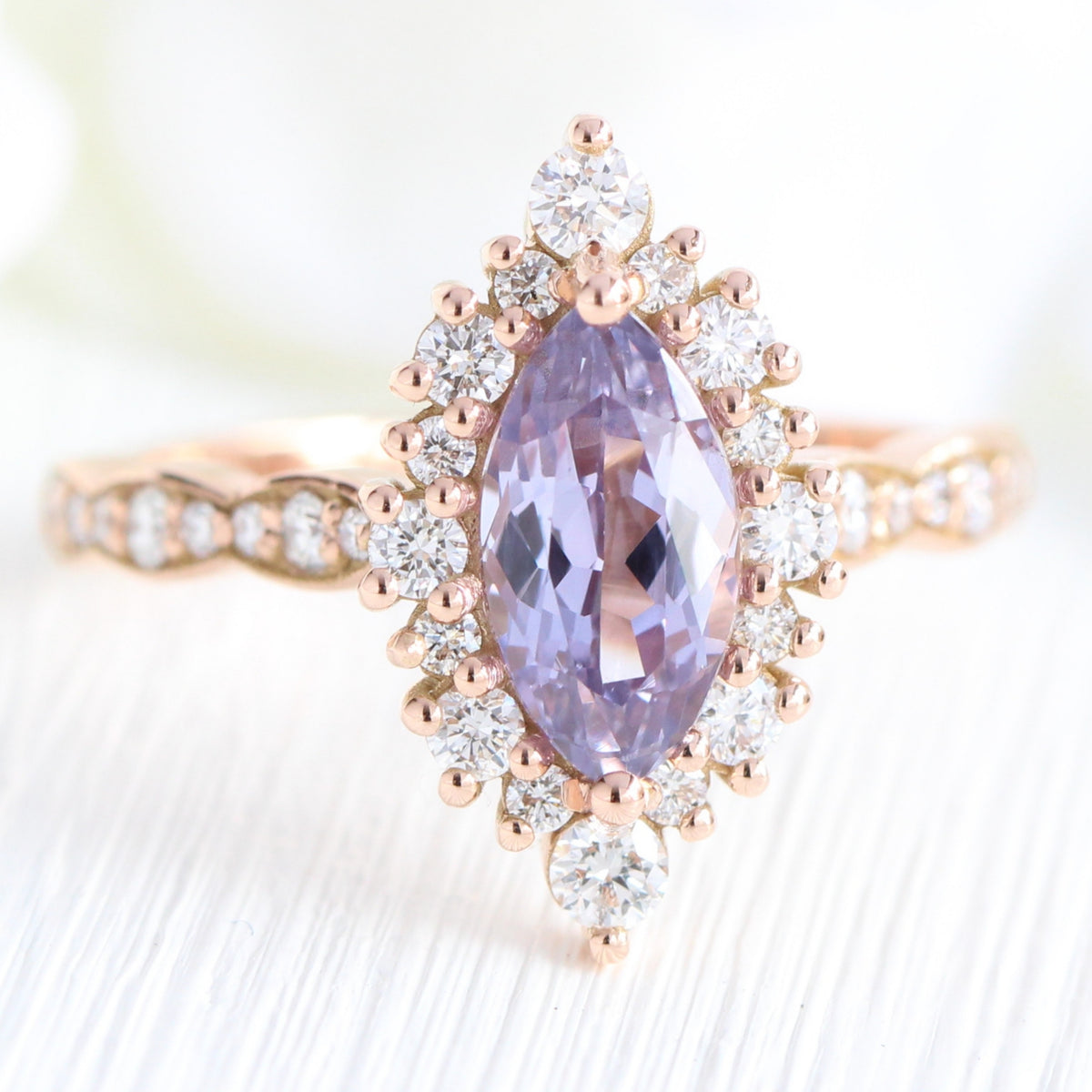Lavender sapphire ring rose gold halo diamond marquise engagement ring la more design jewelry