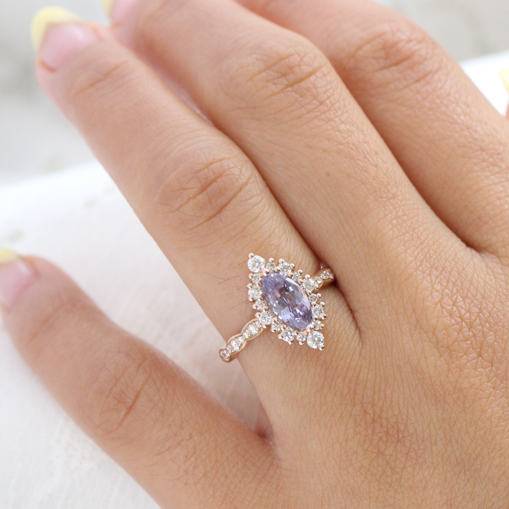 Lavender sapphire ring rose gold halo diamond marquise engagement ring la more design jewelry