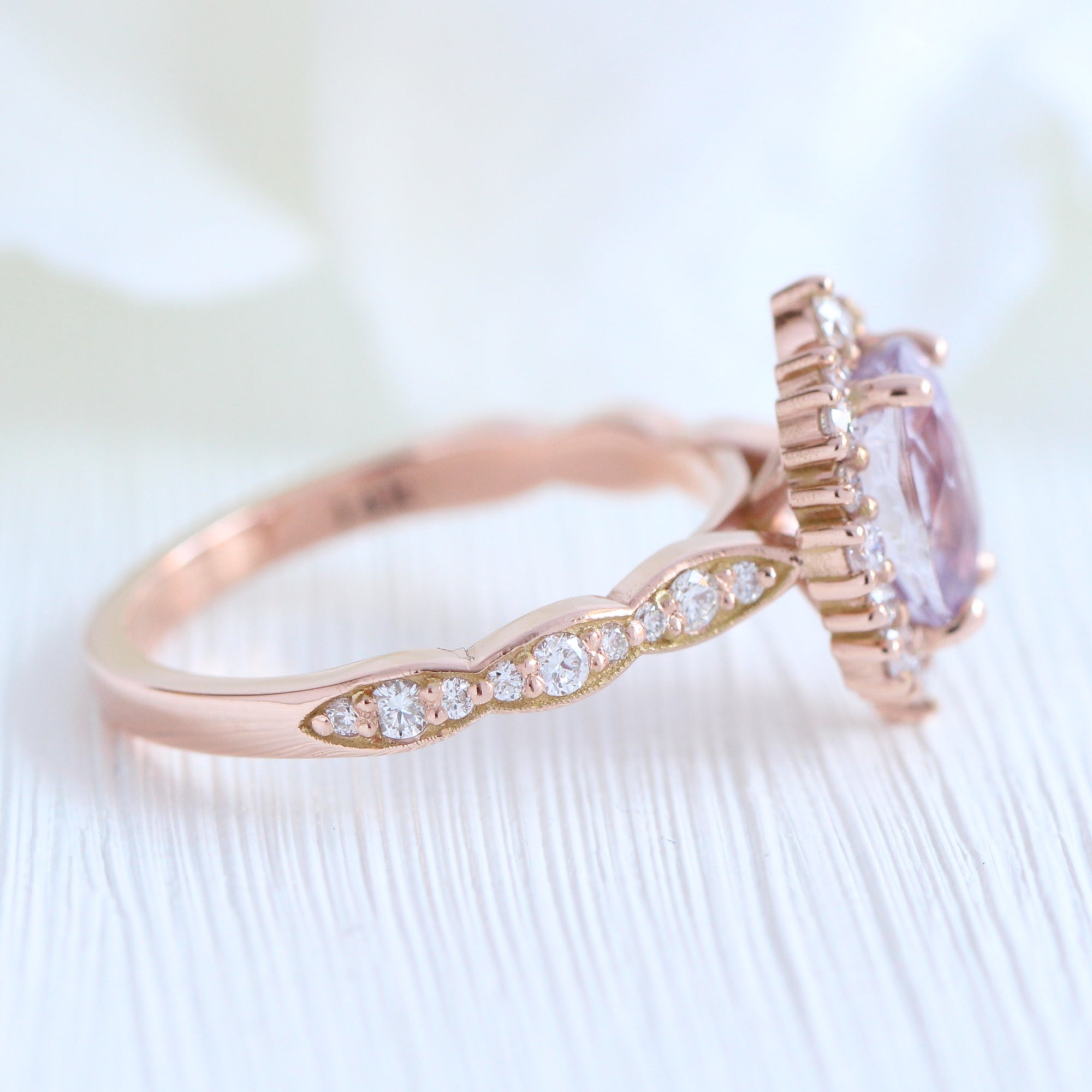 Lavender sapphire ring rose gold halo diamond oval engagement ring la more design jewelry