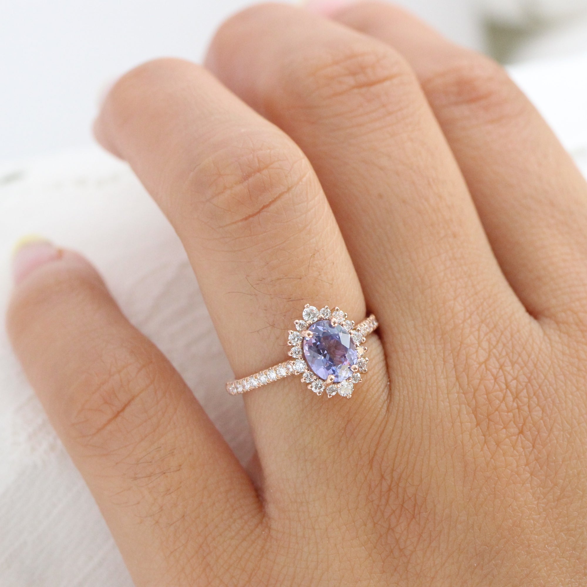 Lavender sapphire ring rose gold halo diamond oval engagement ring la more design jewelry
