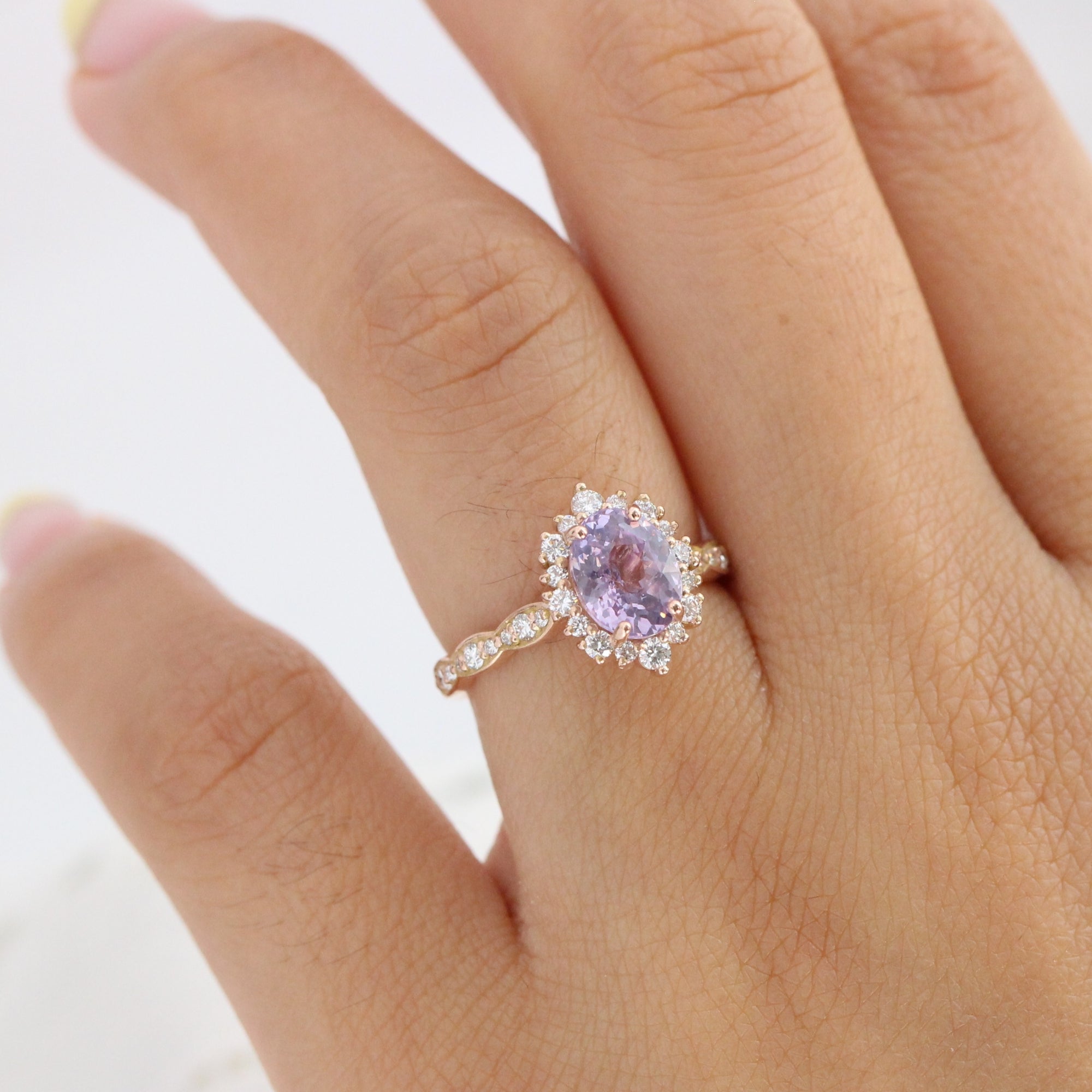 Lavender sapphire ring rose gold halo diamond oval engagement ring la more design jewelry